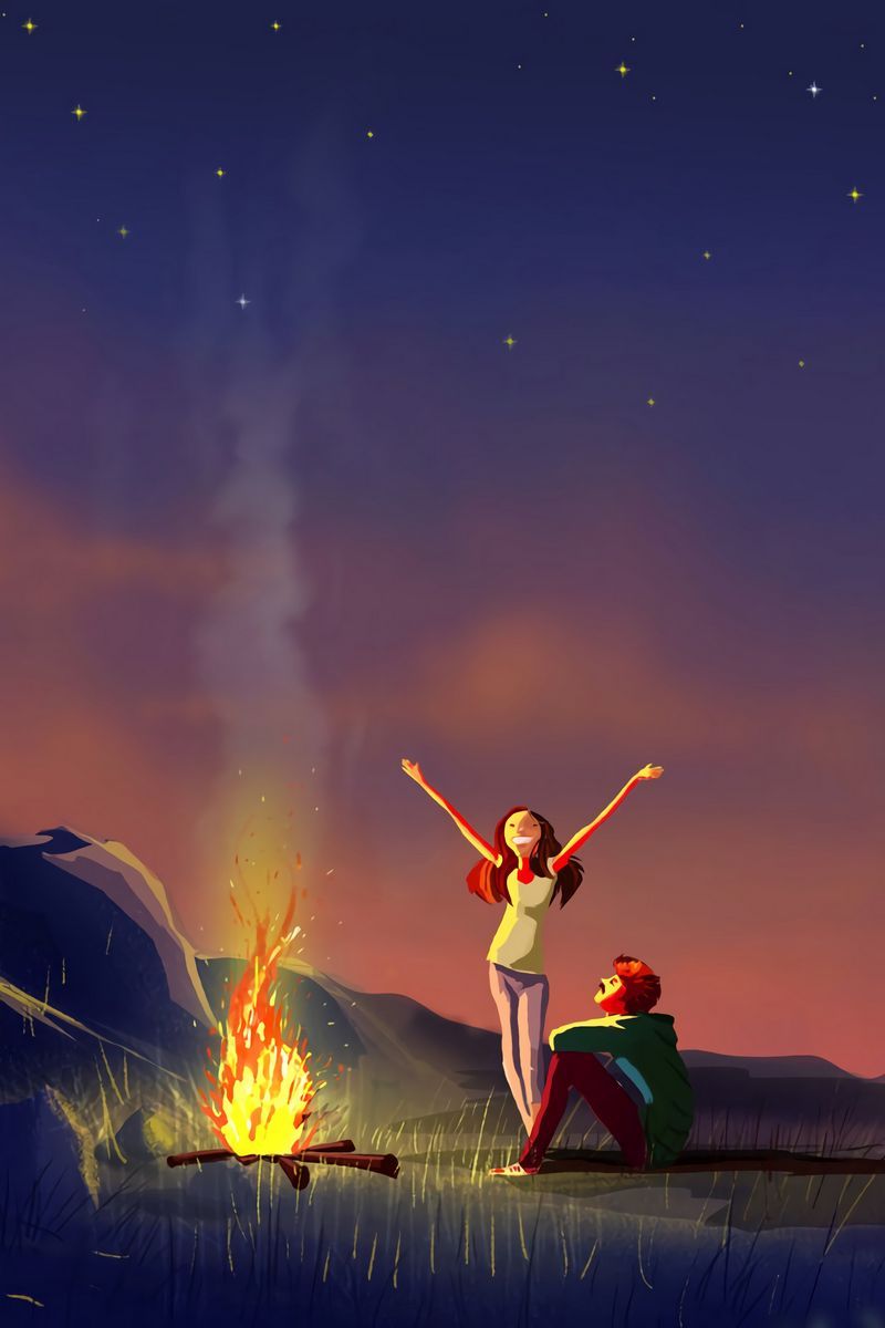 800x1200 Download Wallpaper 800x1200 Couple, Bonfire, Art, Night, Camping Iphone 4s 4 For Parallax HD Background