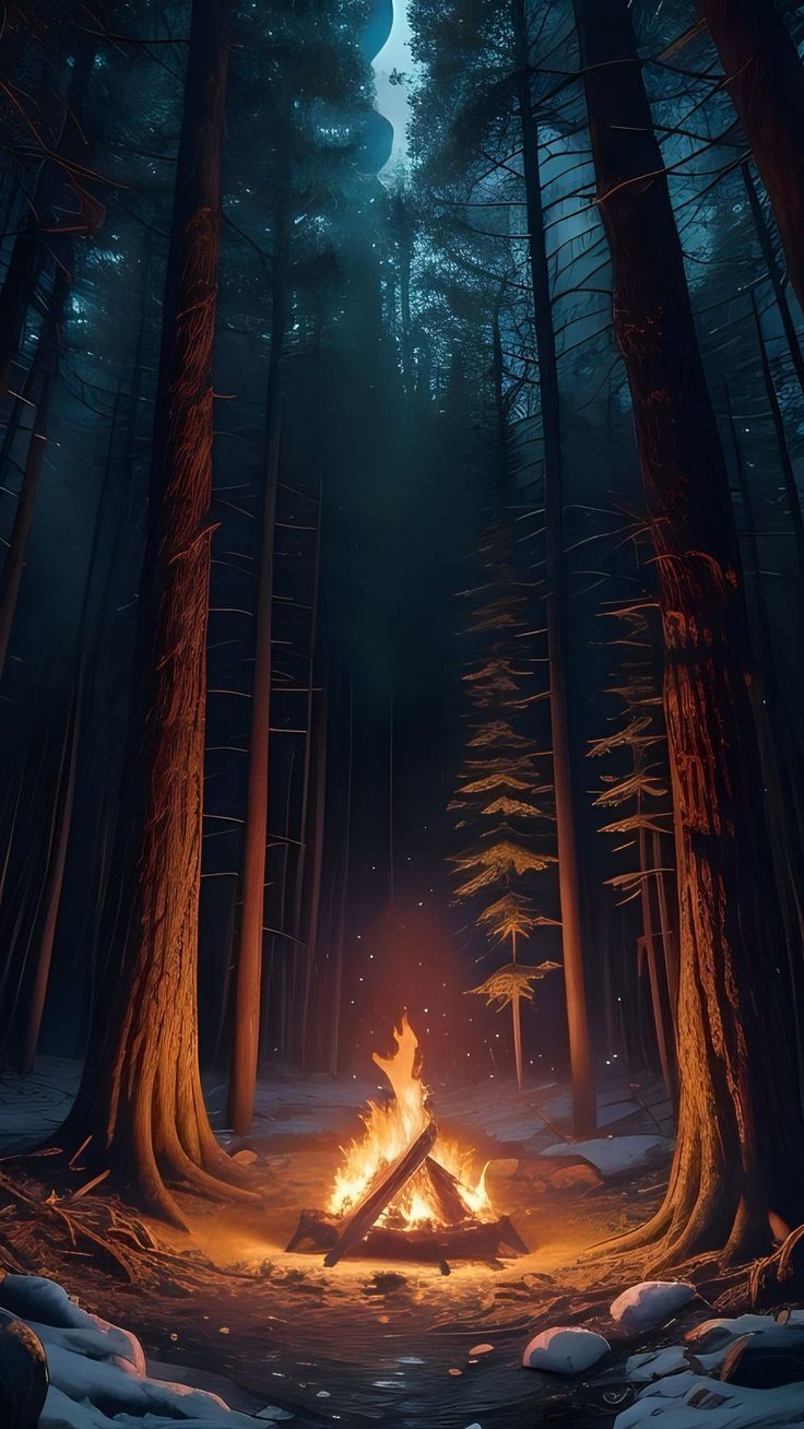 736x1308 Wallpaper forest, bonfire, night, trees, Nature 4K by alexgor. Download wallpaper forest, bonfire, night, trees for free