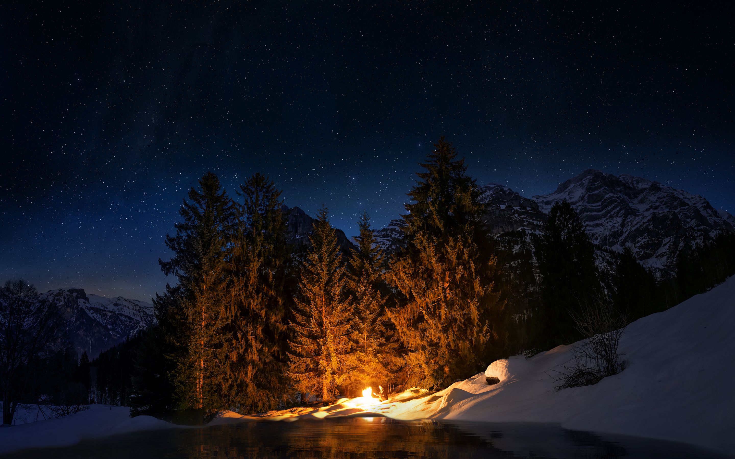 2880x1800 Desktop wallpaper: Photography, Winter, Bonfire, Forest, Nature, Night 4K free download for PC. 998141