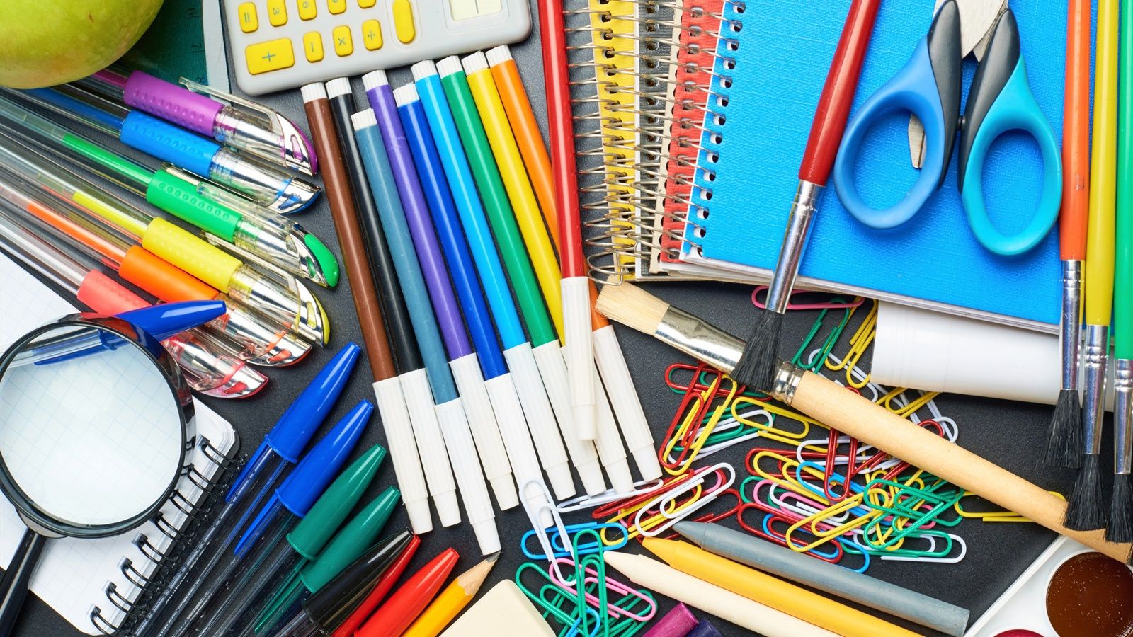 1600x900 Wallpaper Colorful pencils, brush, scissors, notebook, calculator, paper clip 3840x2160 UHD 4K Picture, Image