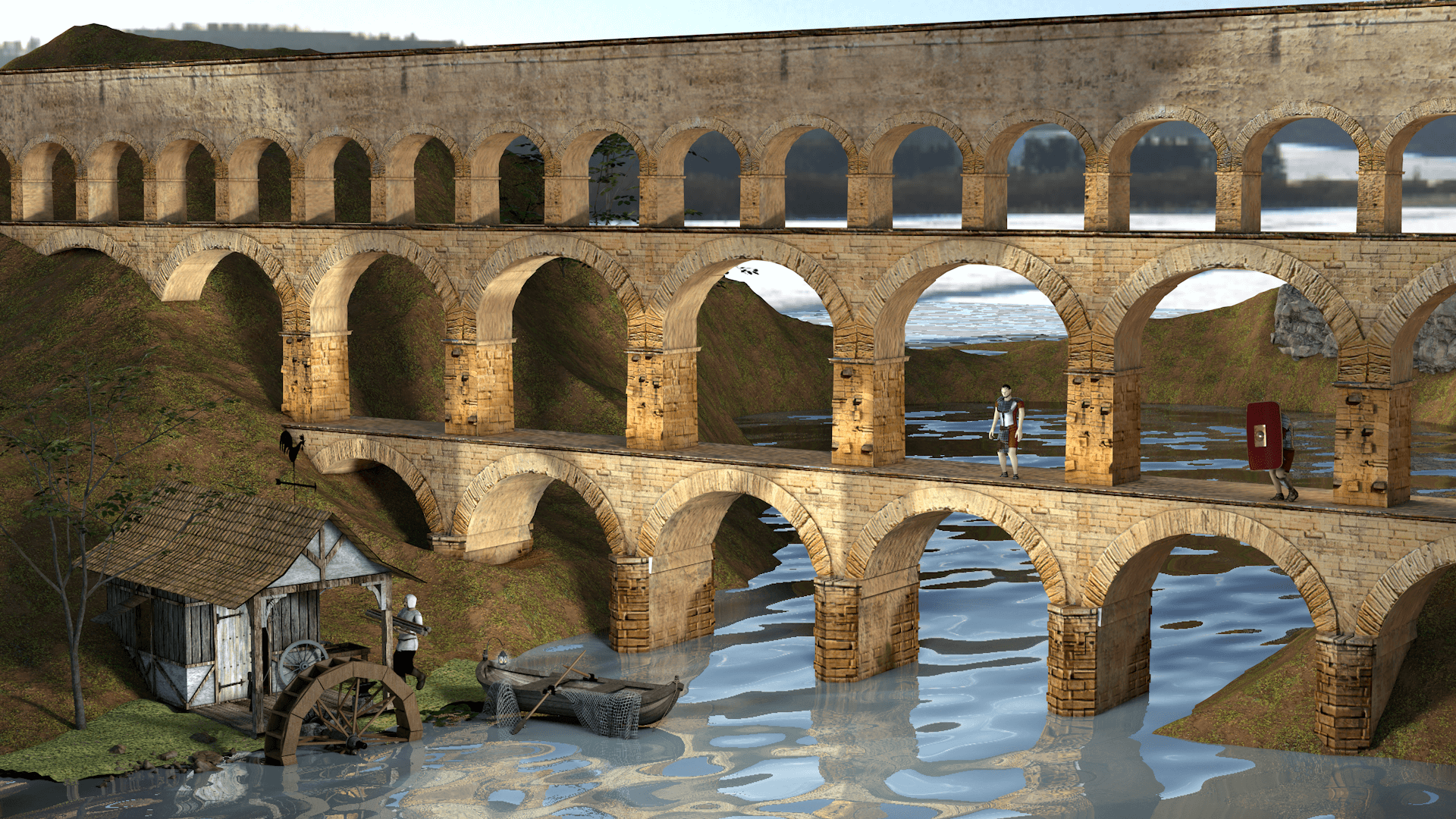 1920x1080 Roman Empire aqueduct. 3D Render, Digital Art