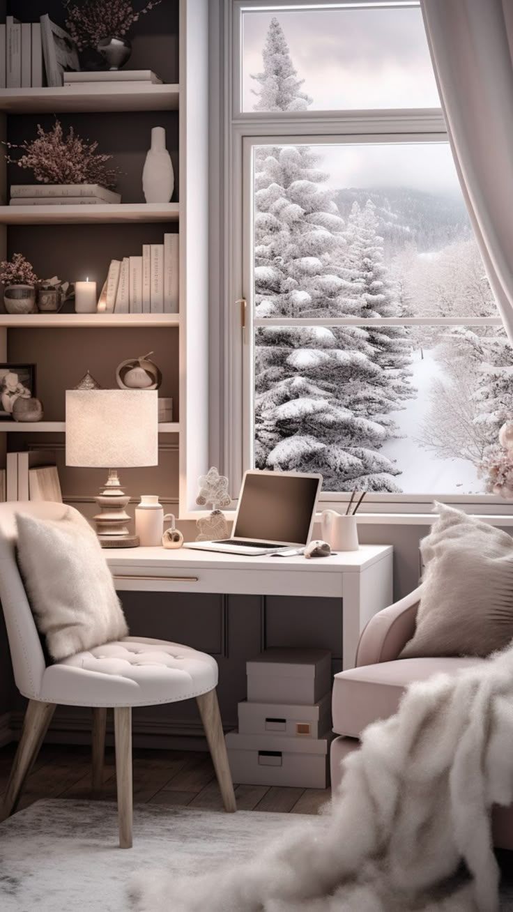 736x1308 Cozy Home Office with Snowy Window View. Winter office wallpaper, Cozy winter workspace ideas, Cozy winter workspace inspiration