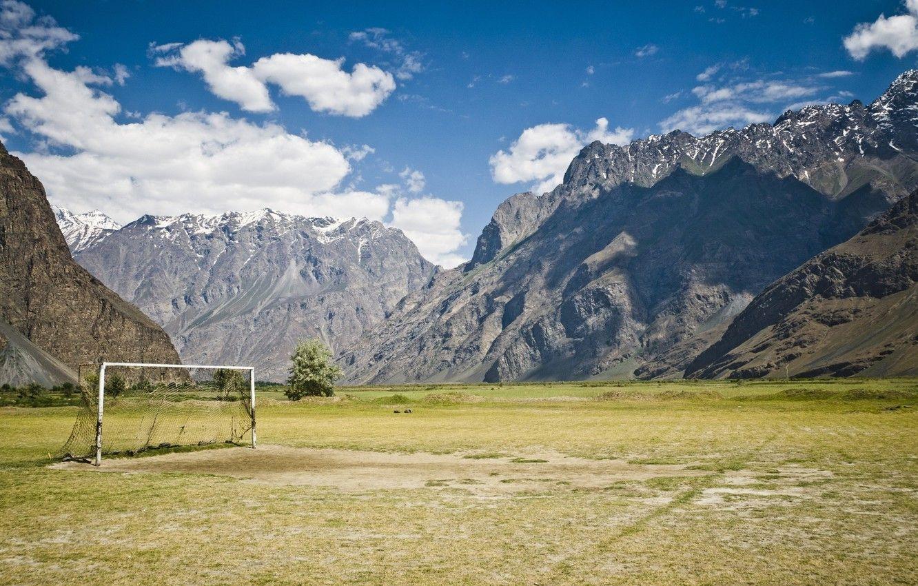 1332x850 Wallpaper field, mountains, football, gate, Tajikistan image for desktop, section пейзажи