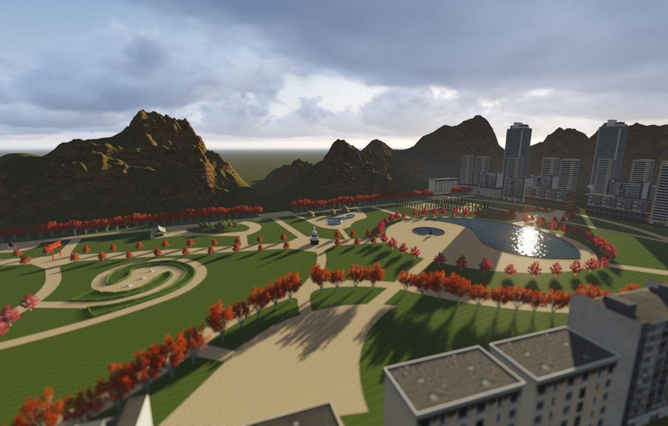1332x850 Wallpaper sunset, mountains, the city, Park, model, visualization, lumion image for desktop, section рендеринг