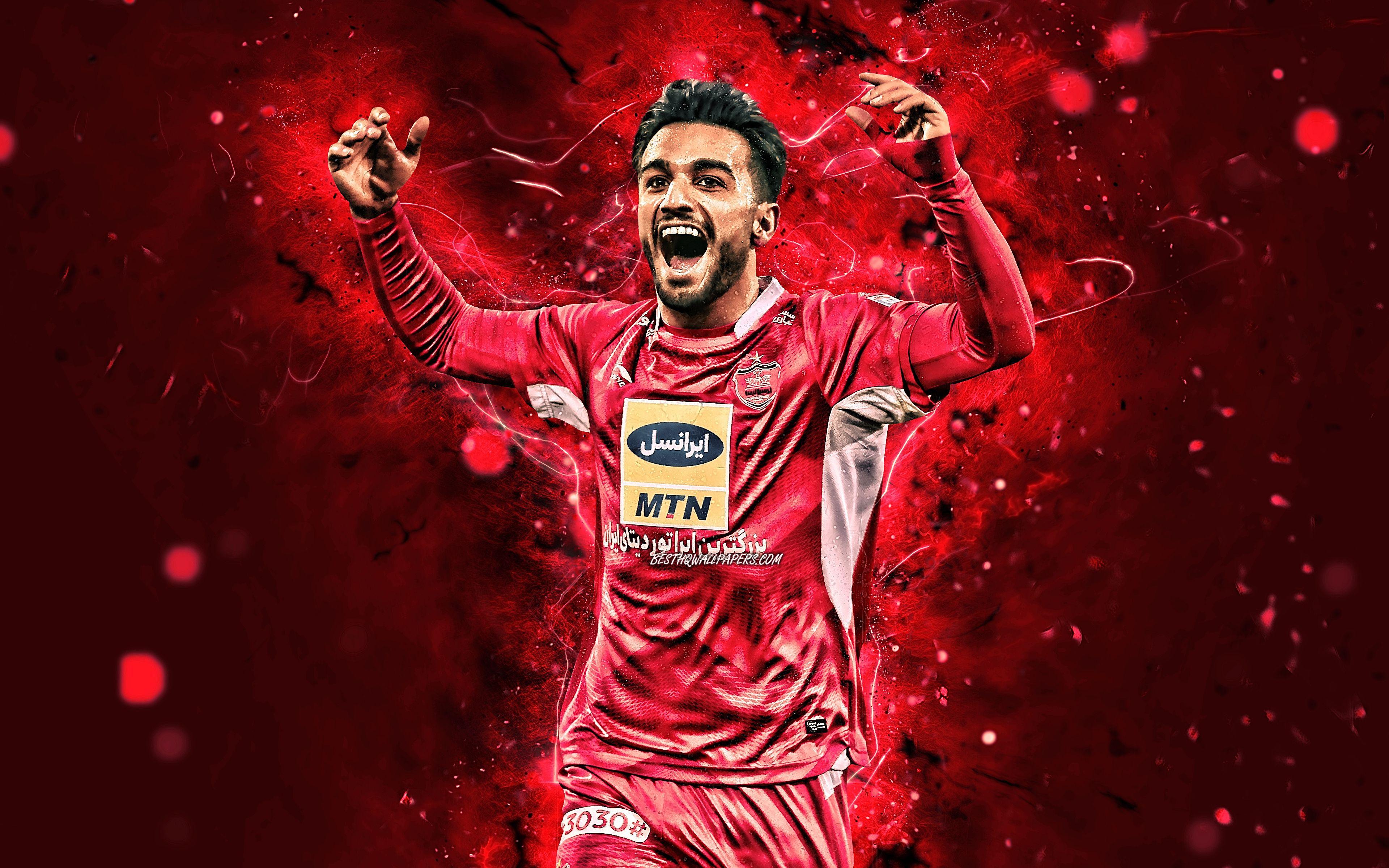 3840x2400 Download wallpaper Siamak Nemati, 4k, iranian footballers, Persepolis FC, soccer, Persian Gulf Pro League, midfielder, Nemati, neon lights, Iran for desktop with resolution 3840x2400. High Quality HD picture wallpaper