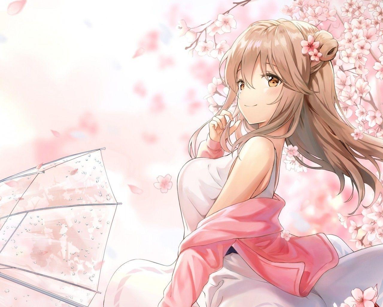 1280x1024 Download 1280x1024 Cute Anime Girl, Profile View, Sakura Blossom, White Dress, Umbrella Wallpaper