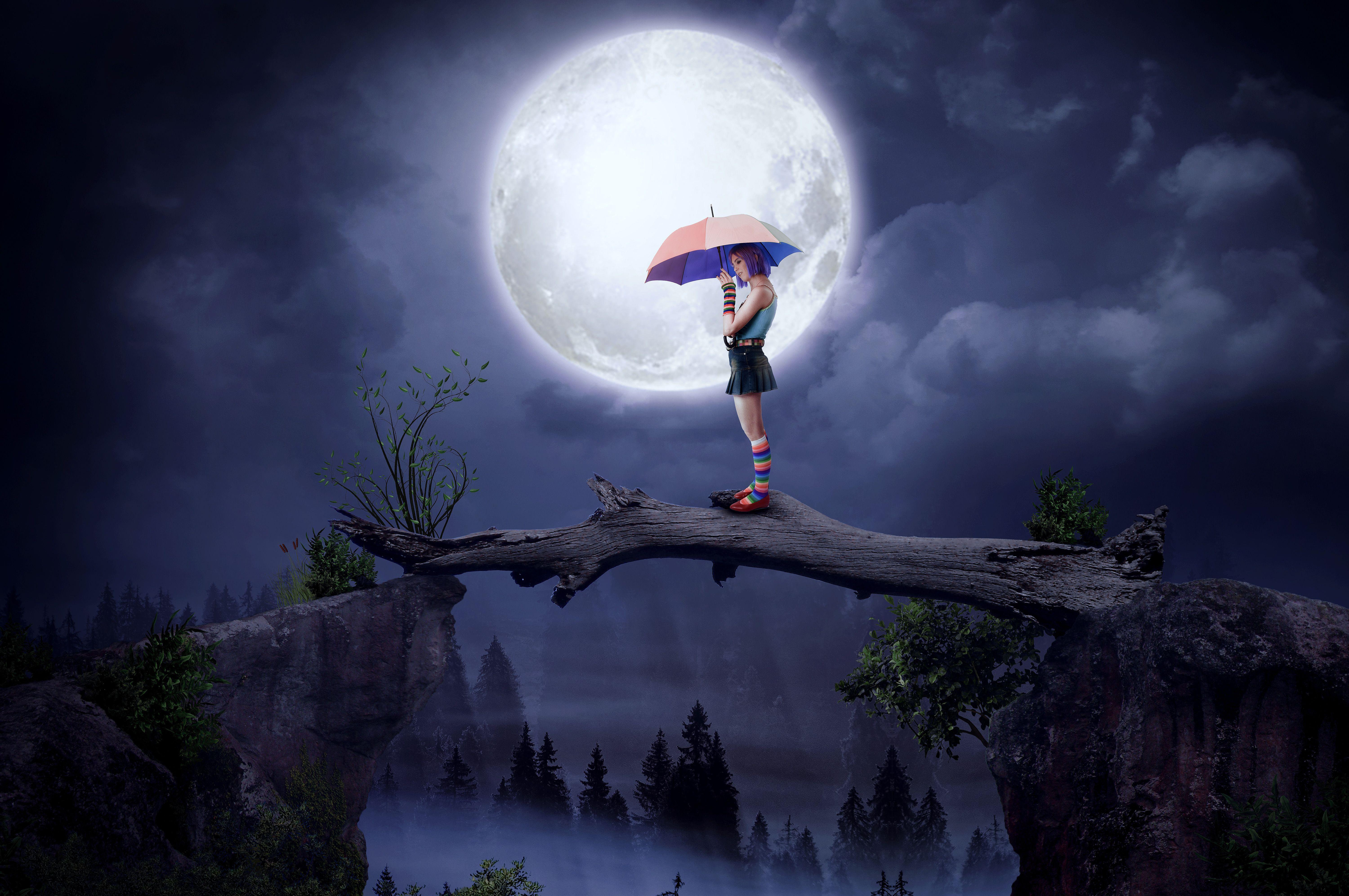 6000x3986 Girl With Umbrella Big Moon Digital Art 5k, HD Artist, 4k Wallpaper, Image, Background, Photo and Picture