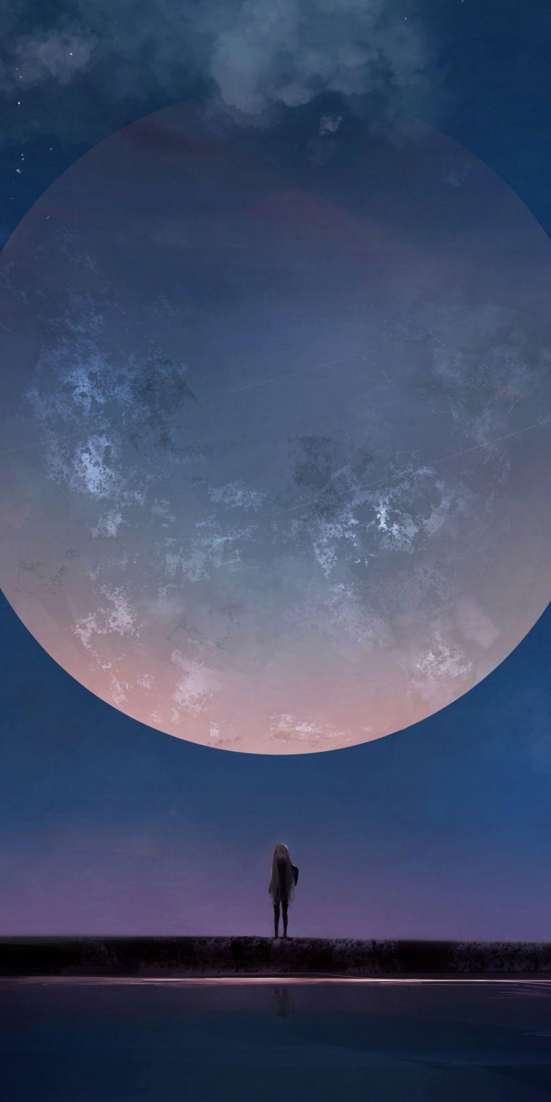 1080x2160 Download 1080x2160 wallpaper big moon, anime girl, night, outdoor, honor 7x, honor 9 lite, honor view HD image, background, 792