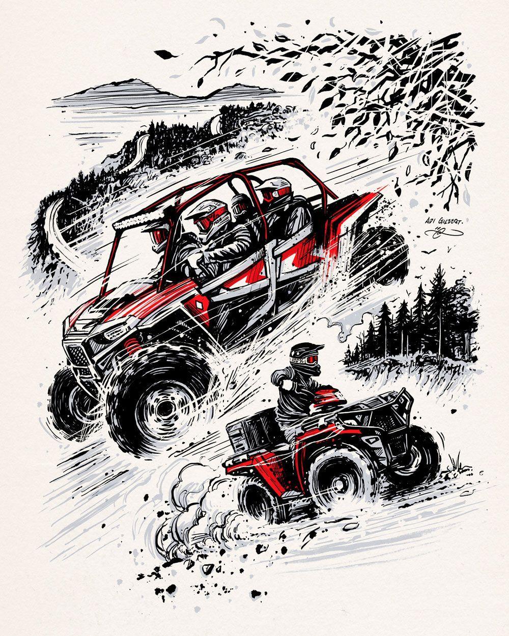 1000x1250 Cover illustration for Tucker Rocky's 2017 ATV / UTV catalog (catalogue!) by Adi Gilbert. Featuring dr. Motorcycle illustration, Motorcycle drawing, Motorbike art