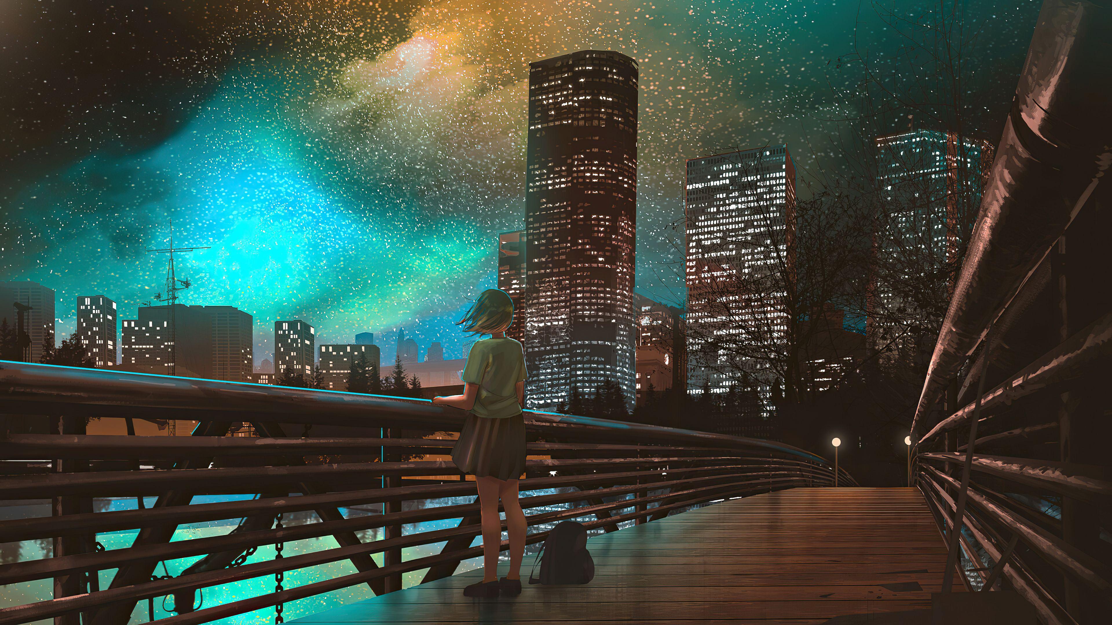 3840x2160 City Night Anime Girl Watching 4k, HD Anime, 4k Wallpaper, Image, Background, Photo and Picture