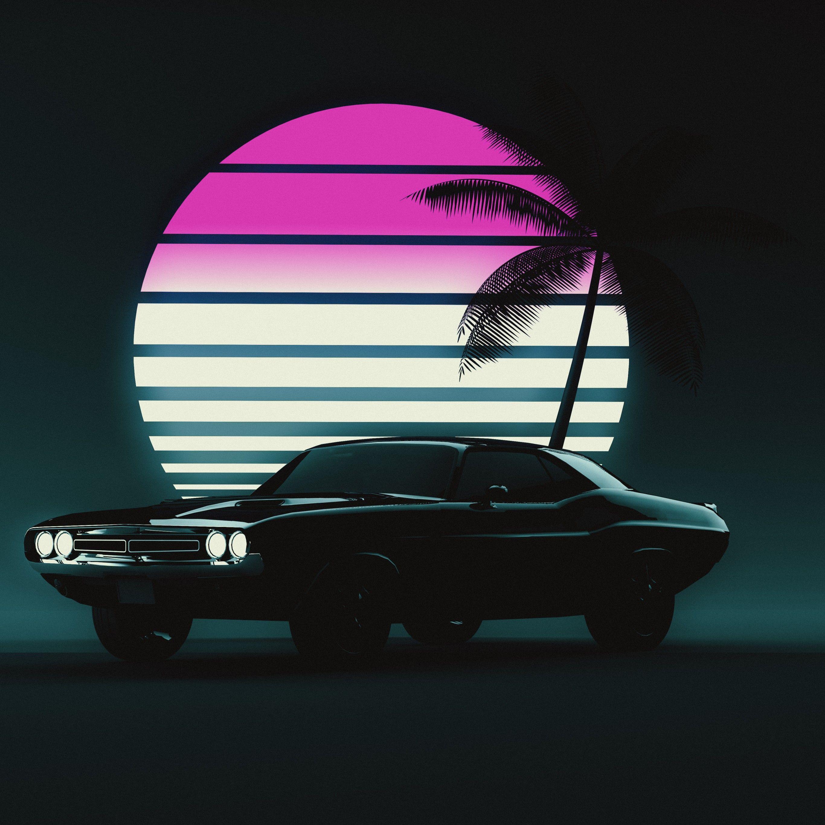 2732x2732 Muscle car 4K Wallpaper, Retro, Vintage car, Sunset, Neon, 5K, Cars