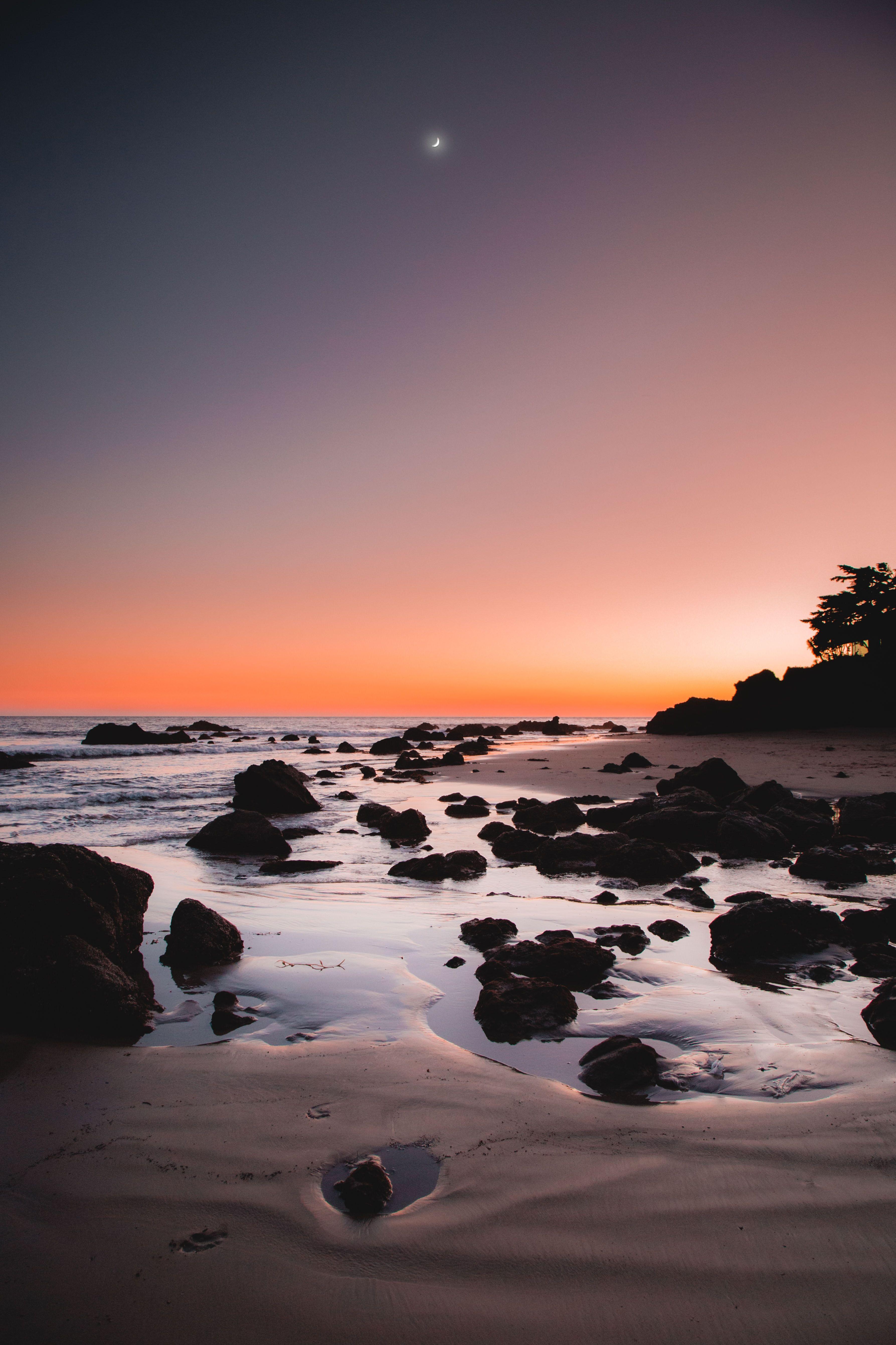 3574x5361 Rocky beach 4K Wallpaper, Sunrise, Crescent Moon, Dawn, Nature