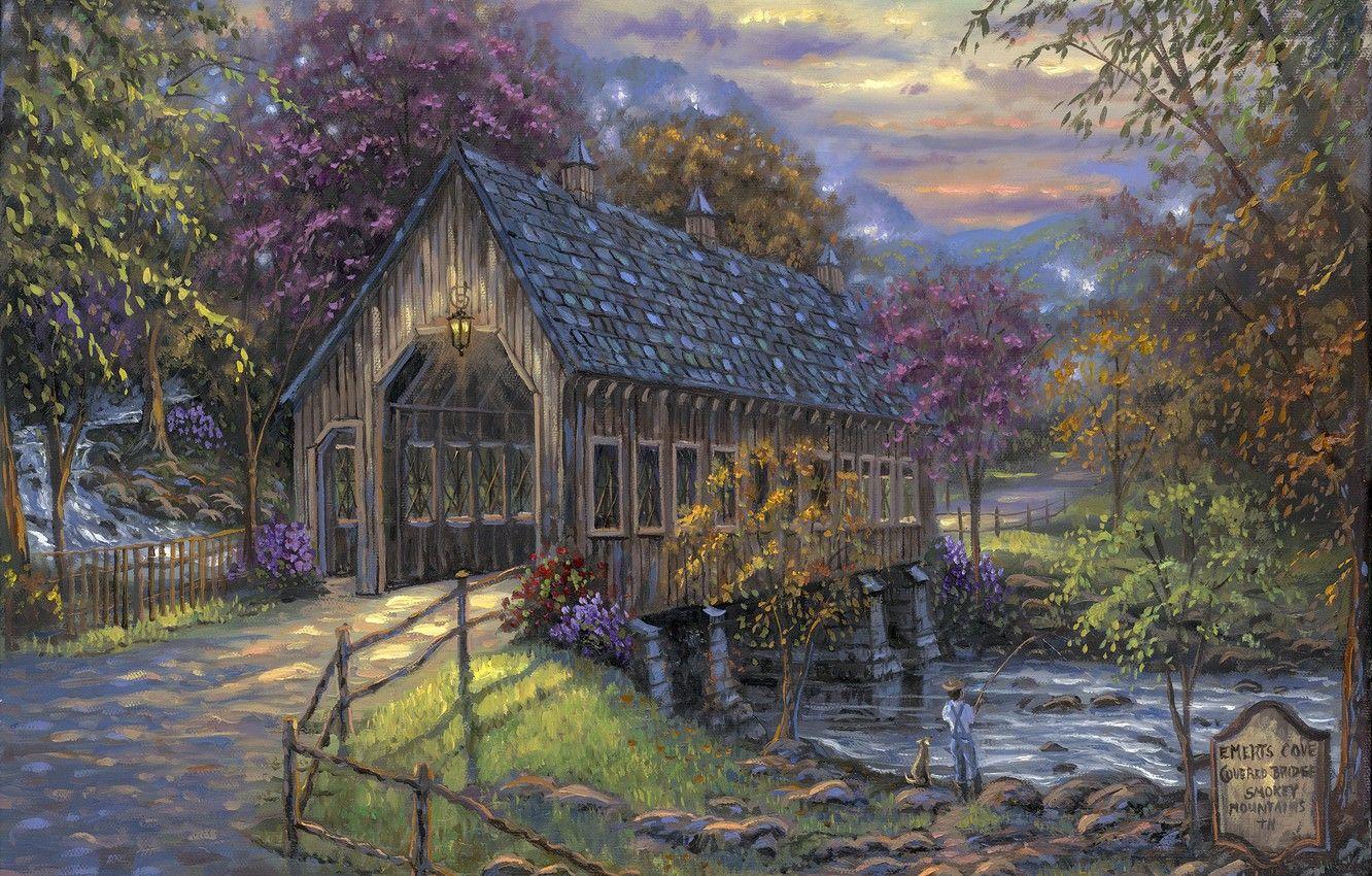 1332x850 Wallpaper autumn, flowers, river, fisherman, lantern, painting, Robert Finale, Emerts Cove Covered Bridge, covered bridge, pillar image for desktop, section живопись