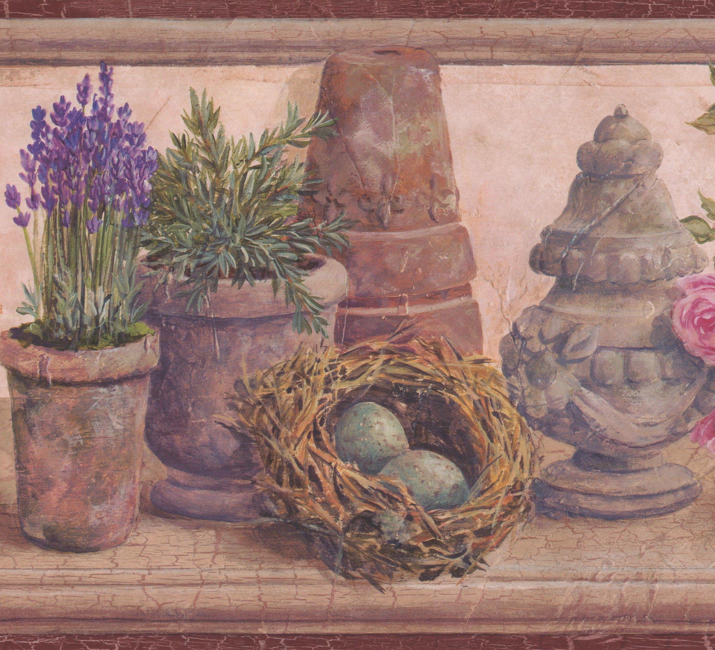 2703x2458 Wallpaper Border Figurine Pot Postcard on Mantel Rustic Wall Border Retro Design, Roll 15 ft X 8.25