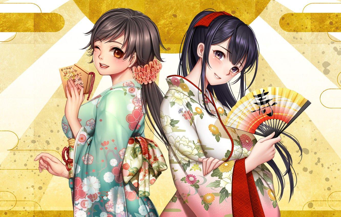 1332x850 Wallpaper girls, fan, kimono, yukata, anime, art, masami chie, as aki arc, tokyo exe girls image for desktop, section прочее