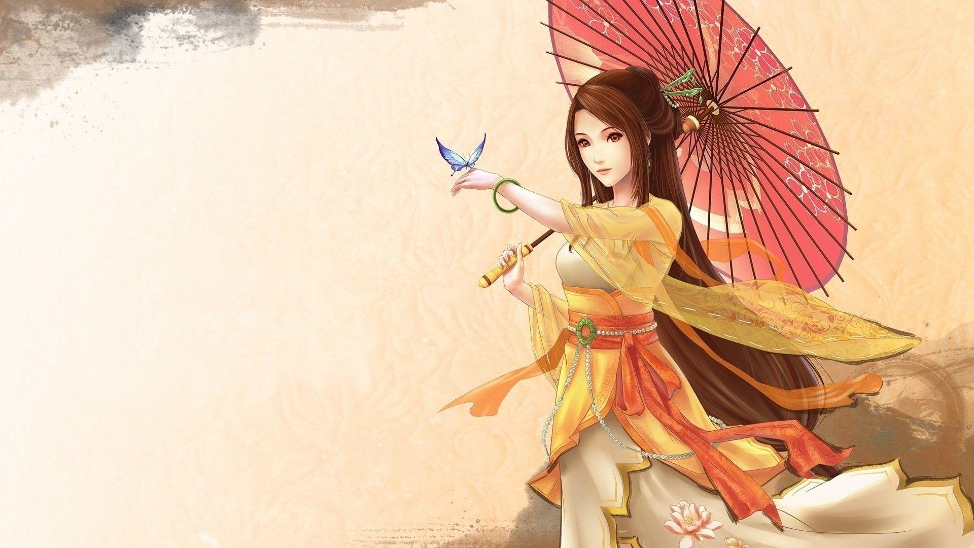 1920x1080 Anime Girl Umbrella Kimono Japanese Wallpaper 00347