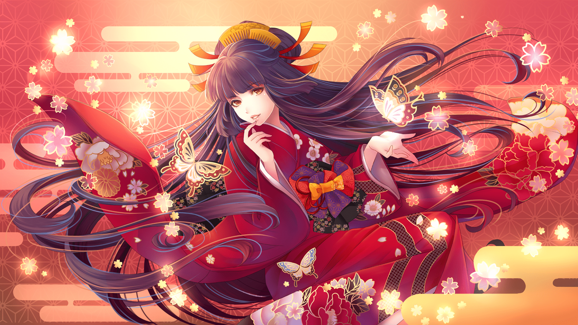 1920x1080 Anime Kimono Long Hair Anime Girls Wallpaper:1920x1080