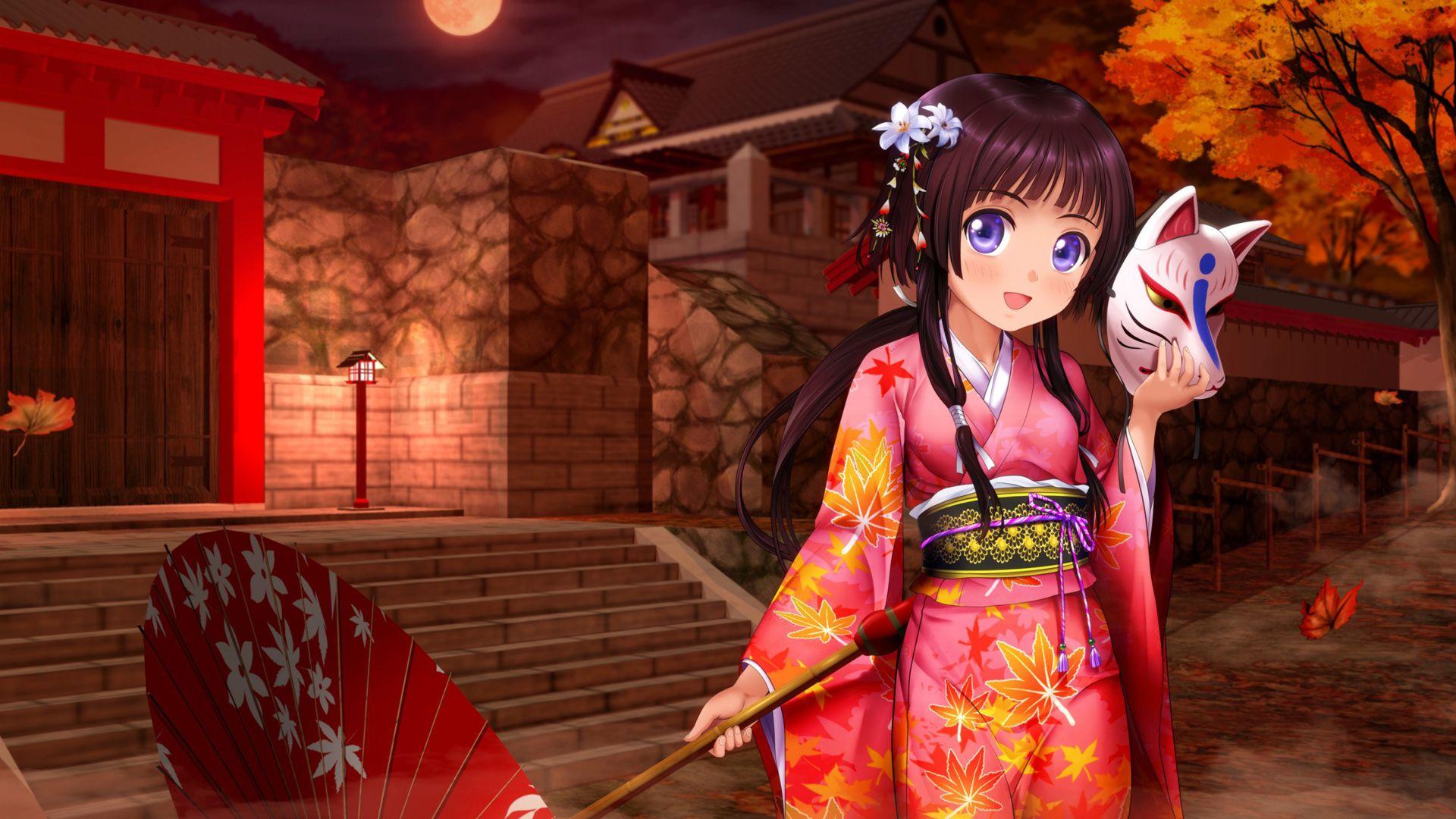1920x1080 Anime girl kimono umbrella desktop wallpaper