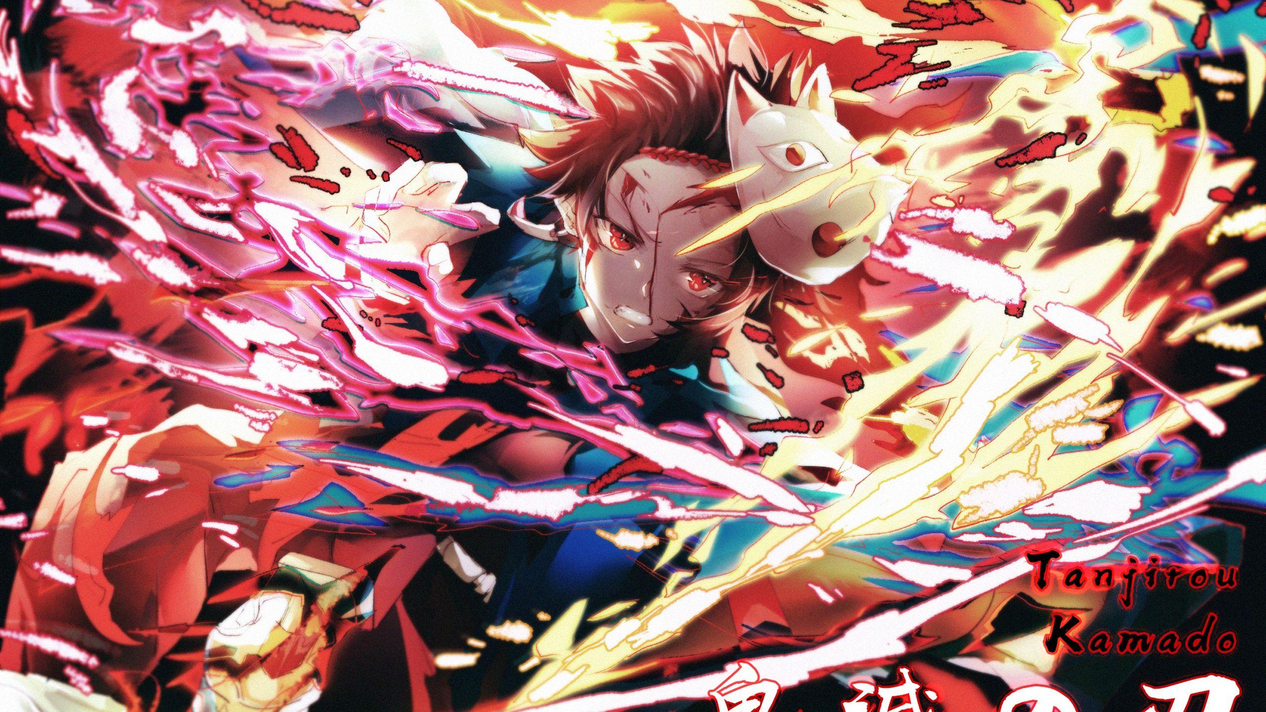 2560x1440 Demon Slayer Tanjiro Kamado With Mask With Background Of Pink Red HD Anime Wallpaper