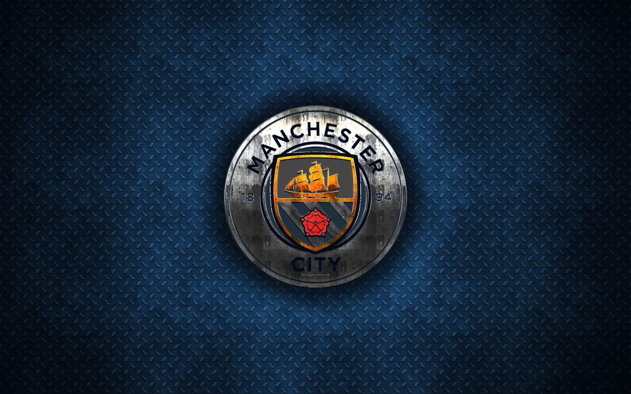 2560x1600 Download wallpaper Manchester City FC, 4k, metal logo, creative art, English football club, Premier League, emblem, blue metal background, Manchester, England, football for desktop with resolution 2560x1600. High Quality HD picture wallpaper