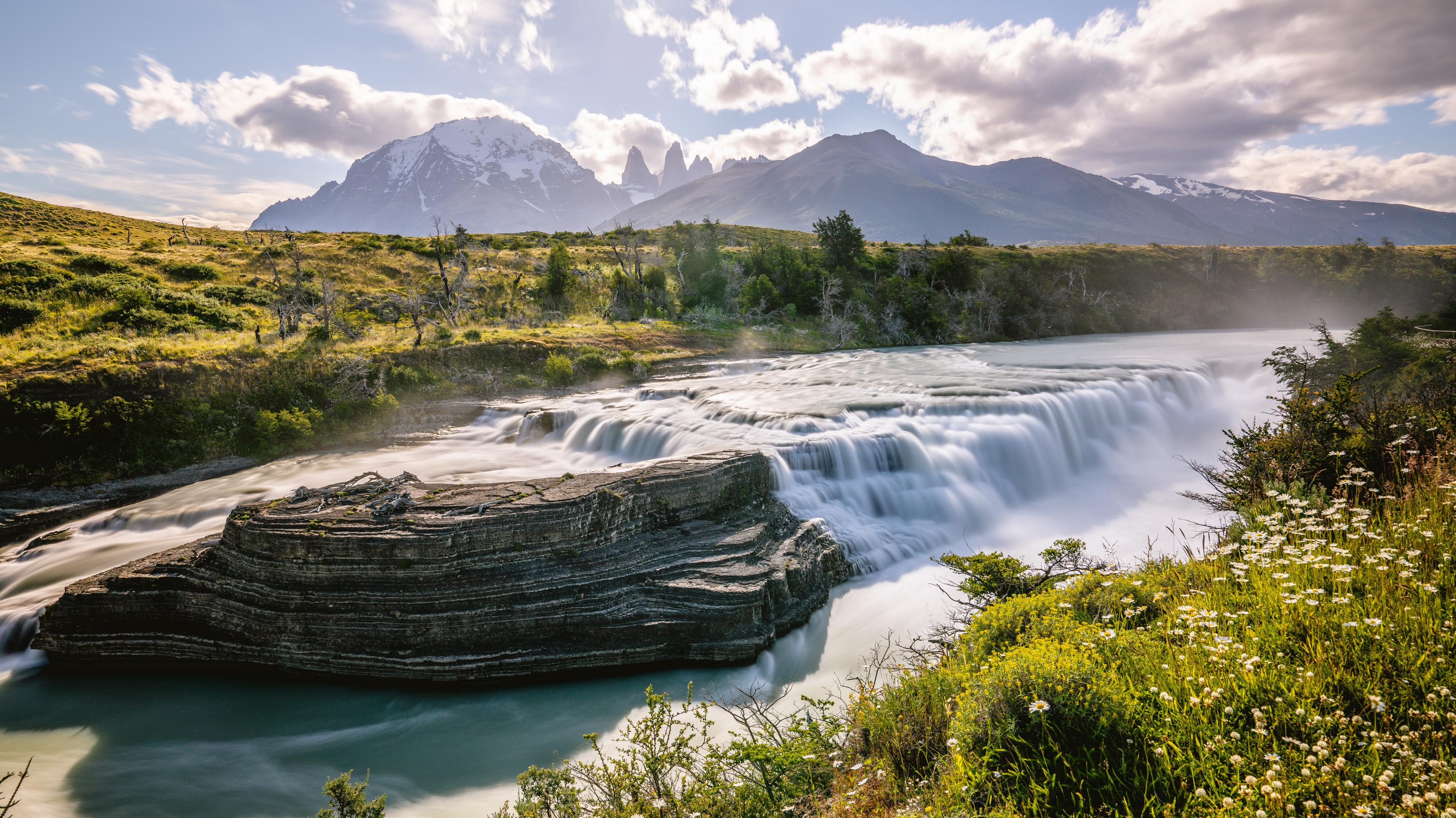 4000x2249 Waterfall in Chiles Torres Del Paine National Park 4K wallpaper