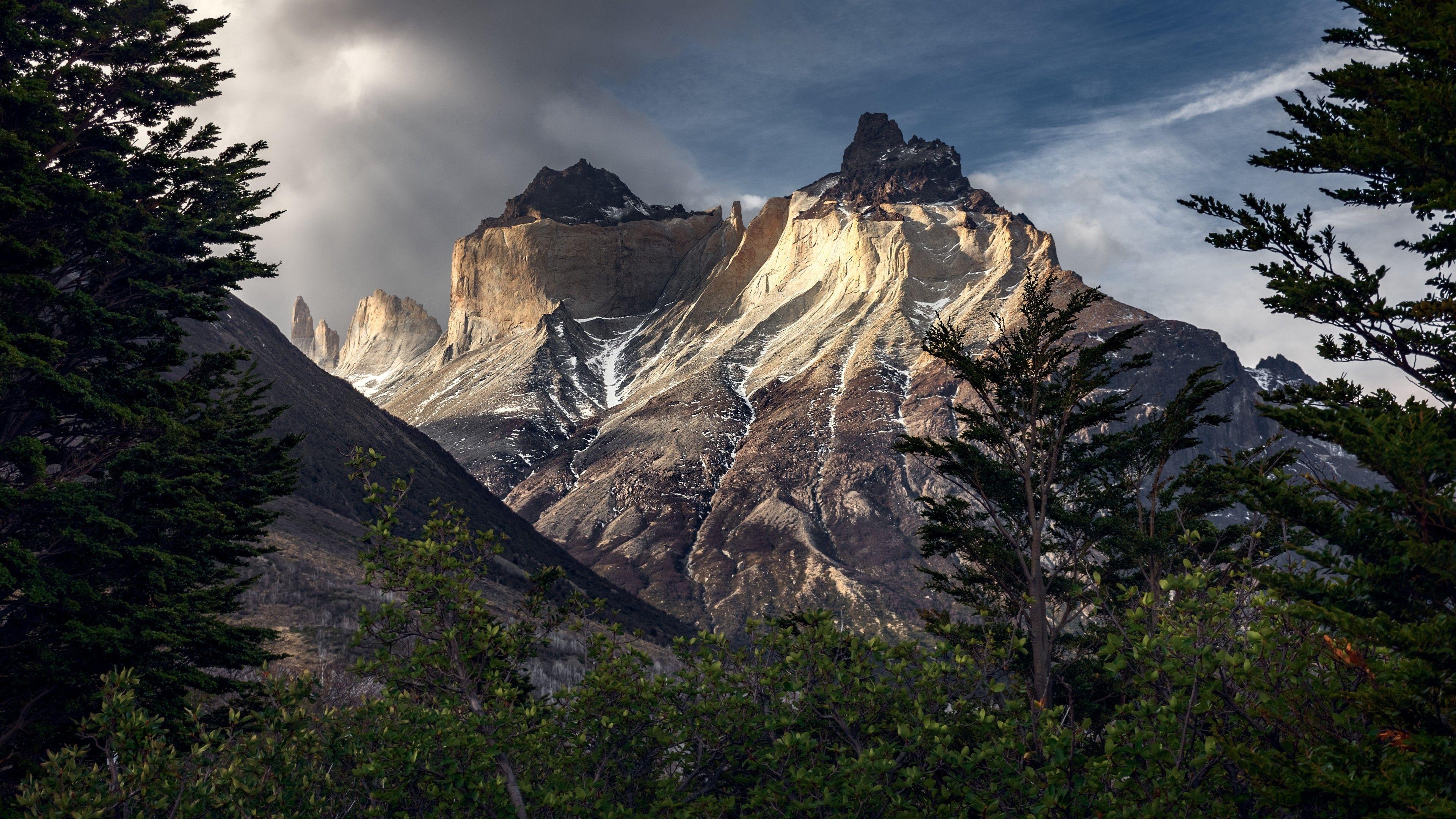 3840x2160 Download 3840x2160 Torres Del Paine National Park, Mountain, Clouds, Scenery, Trees Wallpaper for UHD TV