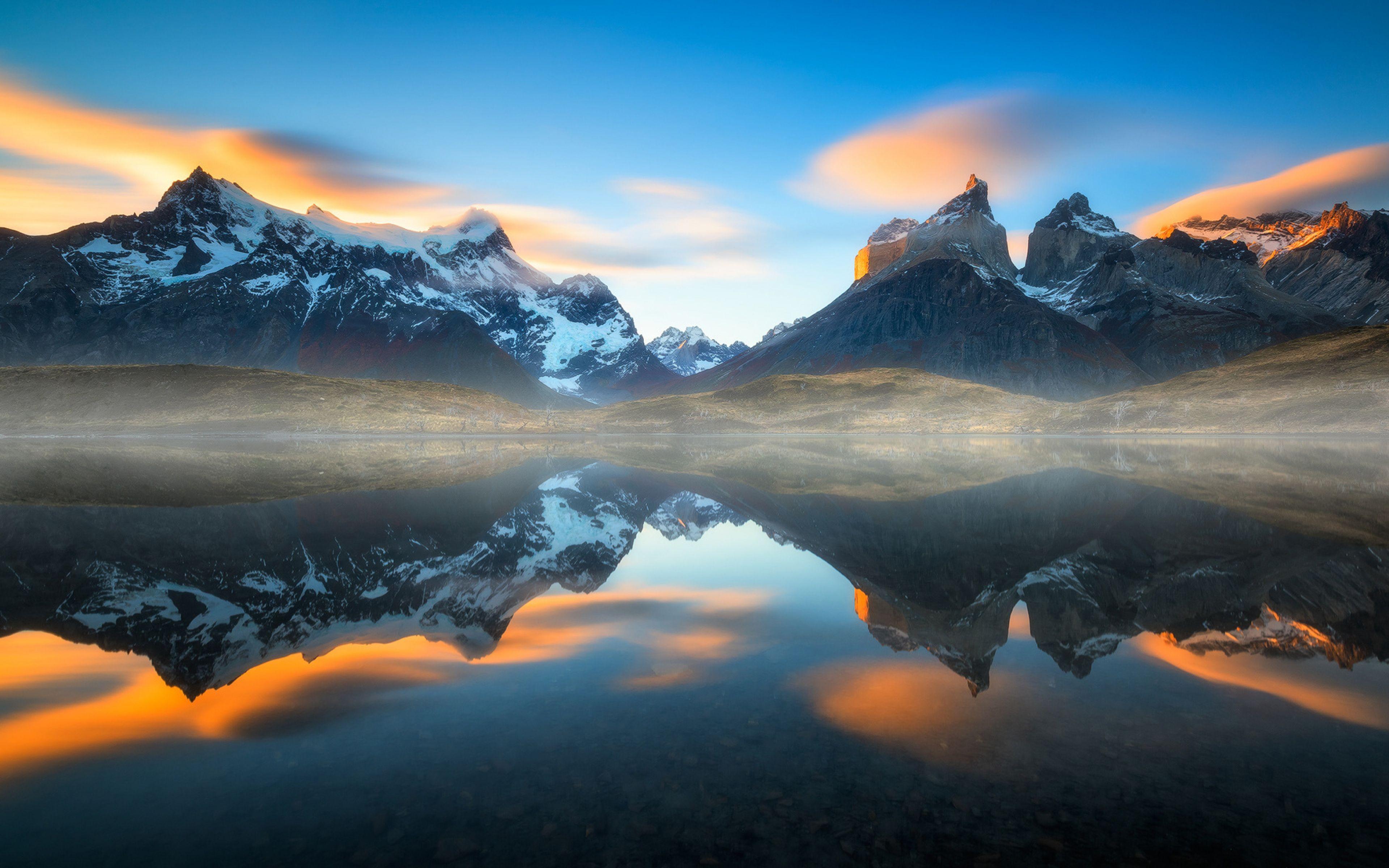 3840x2400 The Andes Mountains in the park Torres del Paine National Park reflected in the water, Patagonia, Chile. wallpaper and image, picture, photo