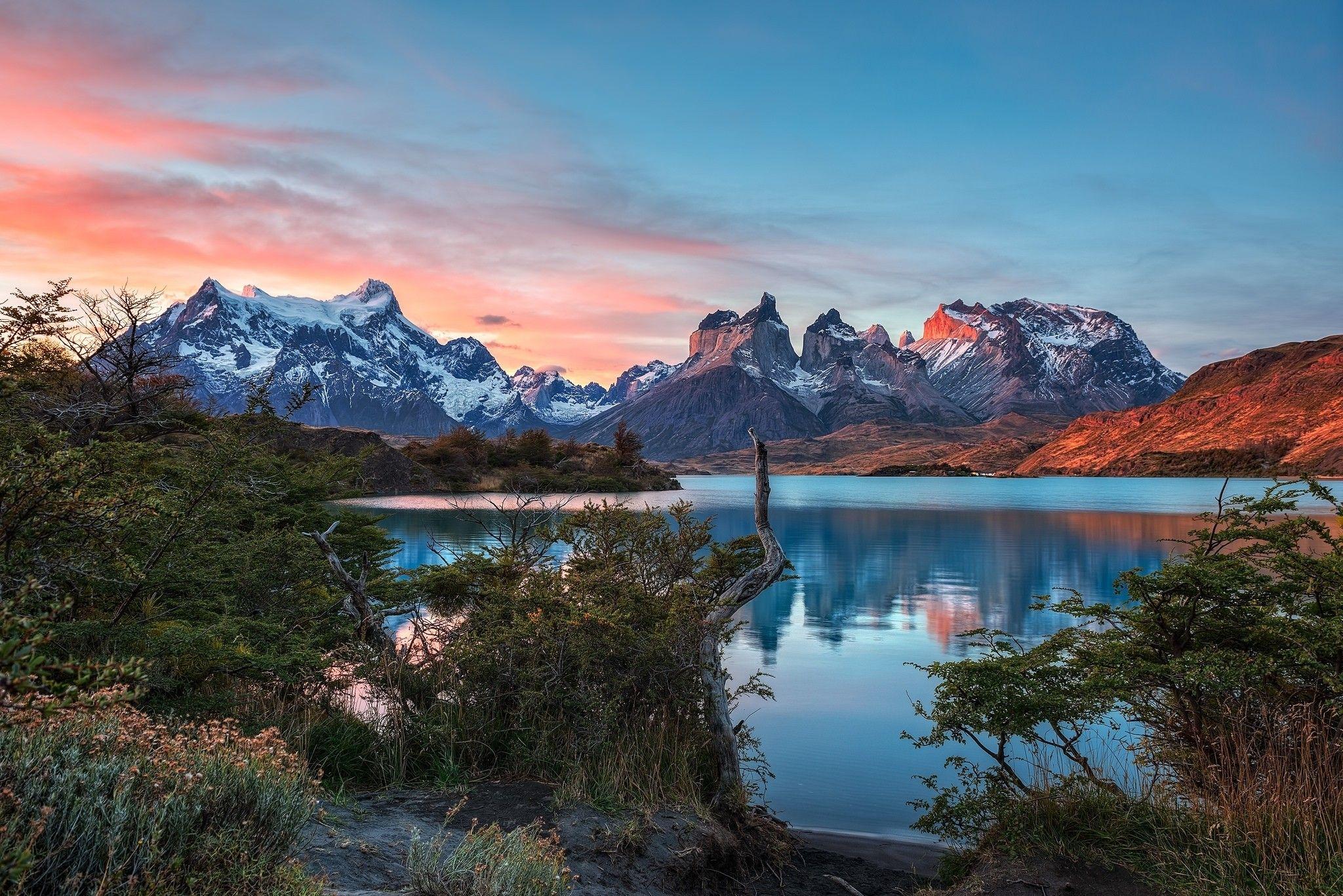 2048x1367 #mountains, #sunset, #Torres del Paine, #lake, #nature, #Chile, #snowy peak, #Patagonia, #shrubs, #landscape, #national park, #photography, wallpaper. Mocah HD Wallpaper