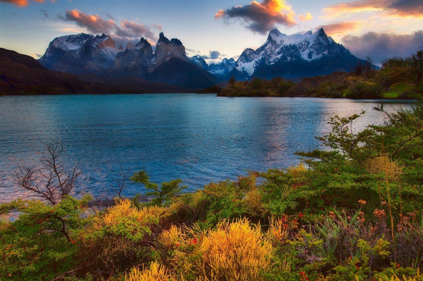 1600x1065 nature landscape lake sunset spring mountain snowy peak shrubs wildflowers torres del paine national park chile wallpaper
