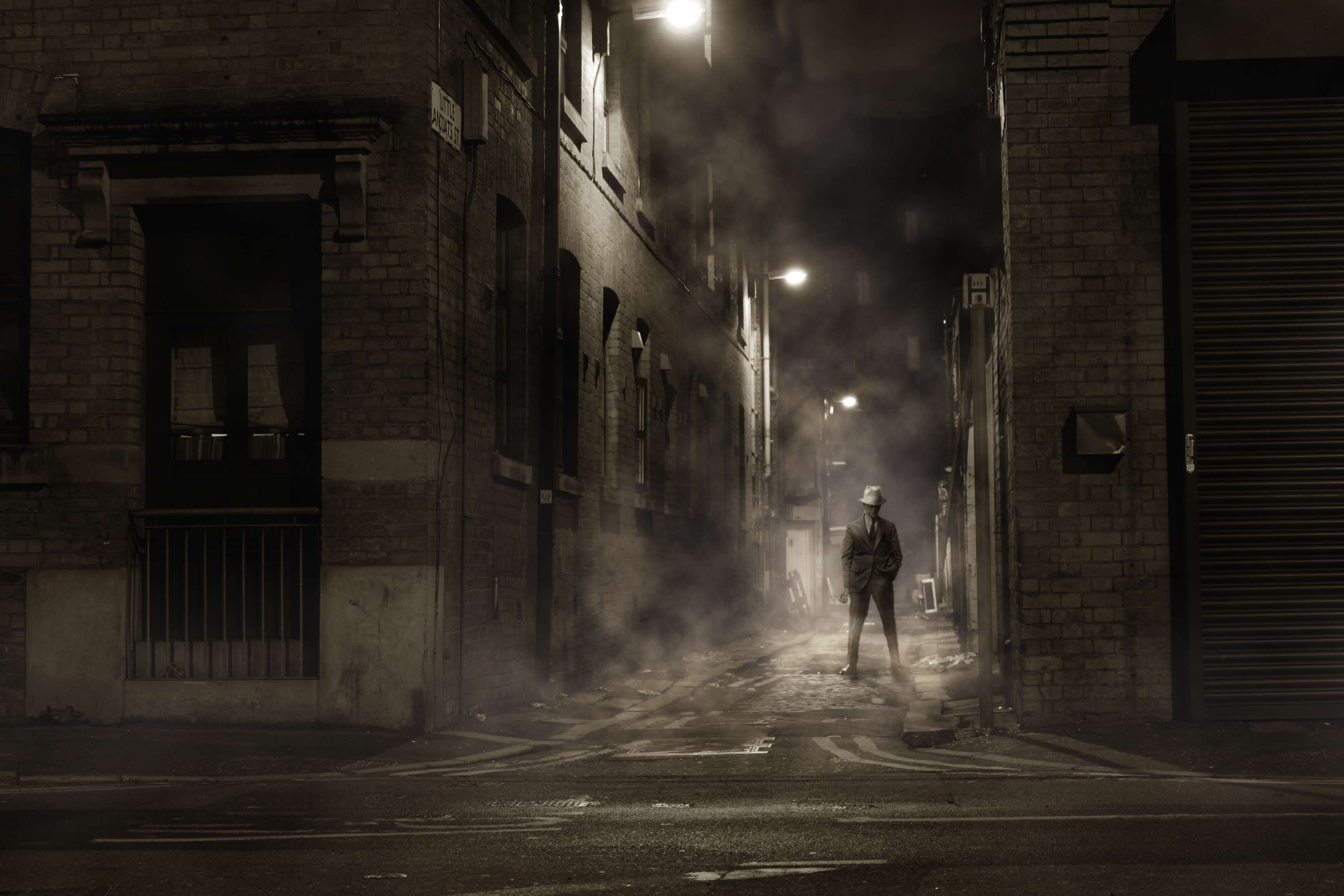 3456x2304 architecture, black and white, brick, buildings, dark, fog, man, night, person, road, street wallpaper