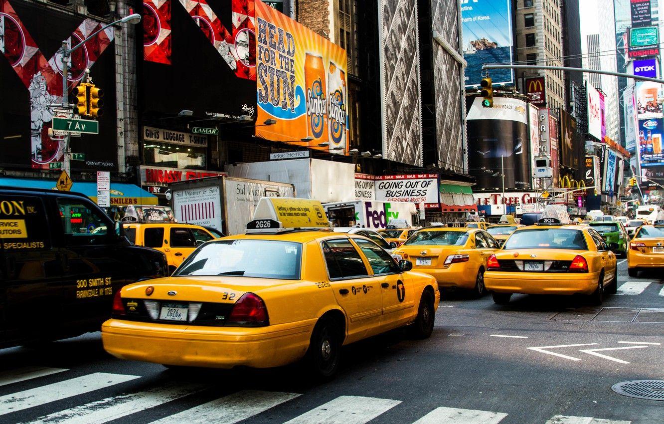 1332x850 Wallpaper USA, United States, New York, Manhattan, street, Yellow, screen, America, Taxi, United States Of America, screens, billboards, ads, billboard, Taxis, big apple image for desktop, section город
