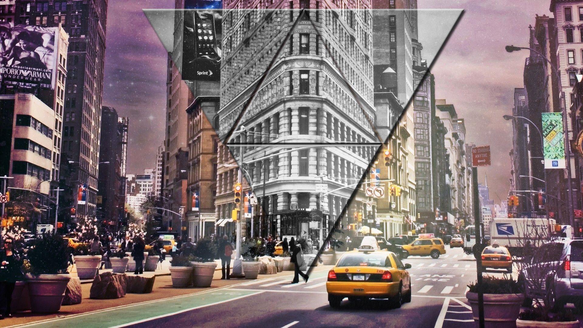 1920x1080 New York City, New York Taxi, Street, City, Triangle, Digital art, Purple, Stars Wallpaper HD / Desktop and Mobile Background