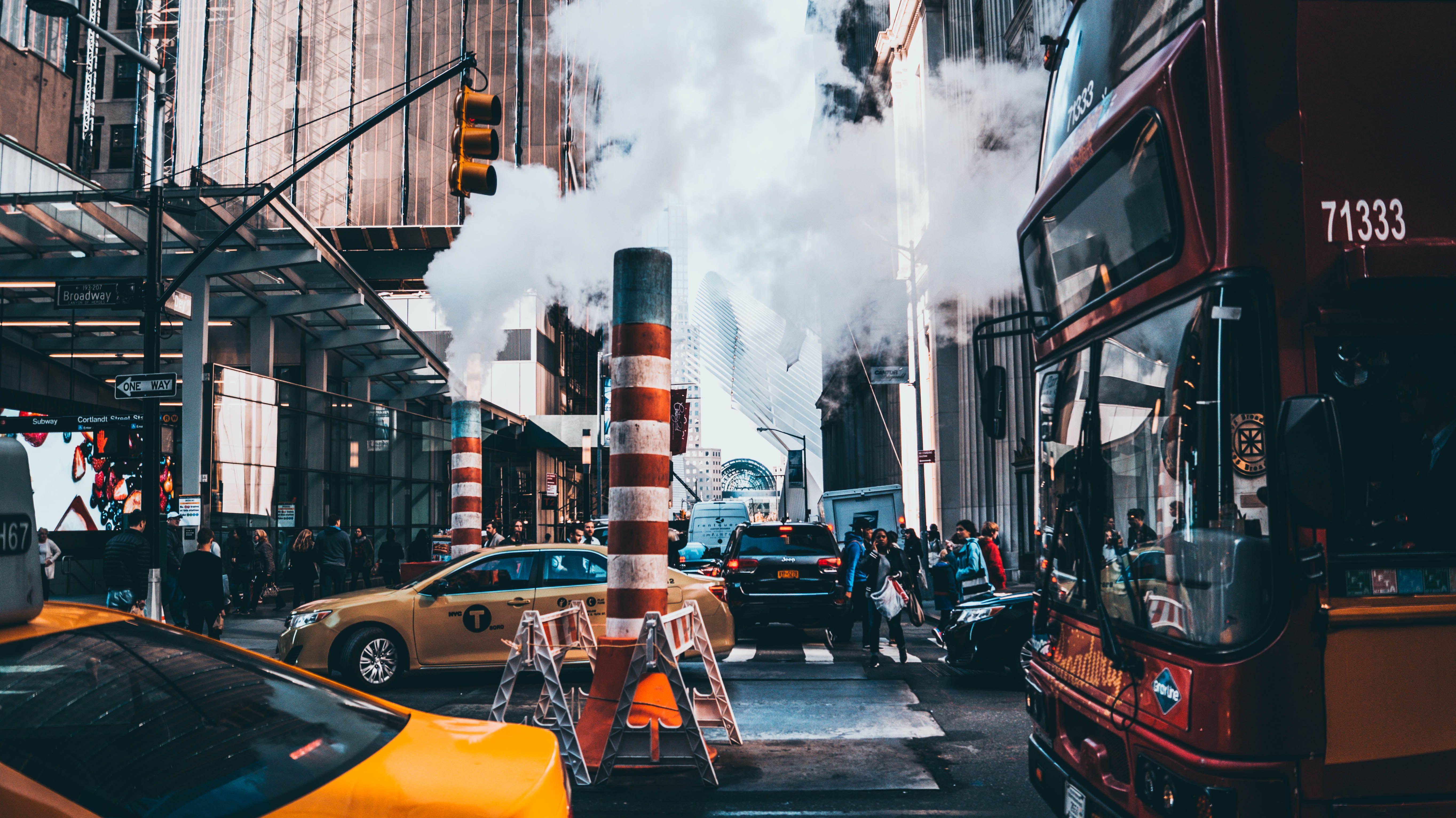 5456x3064 #buses, #New York City, #smoke, #taxi, #traffic lights, #street, #New York Taxi, wallpaper. Mocah HD Wallpaper