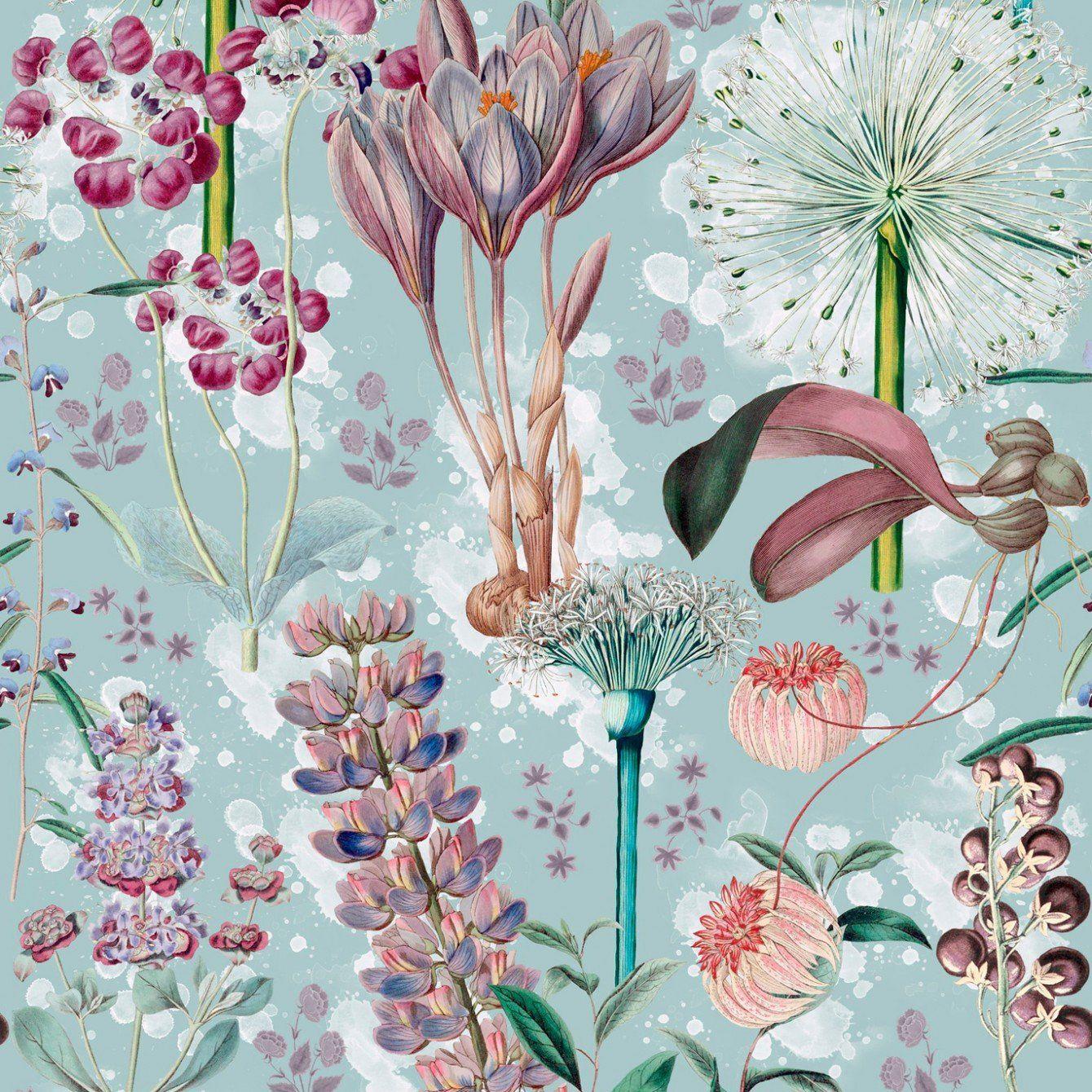 1340x1340 Garden of Eden Wallpaper in Aquamarine from the Florilegium Collection