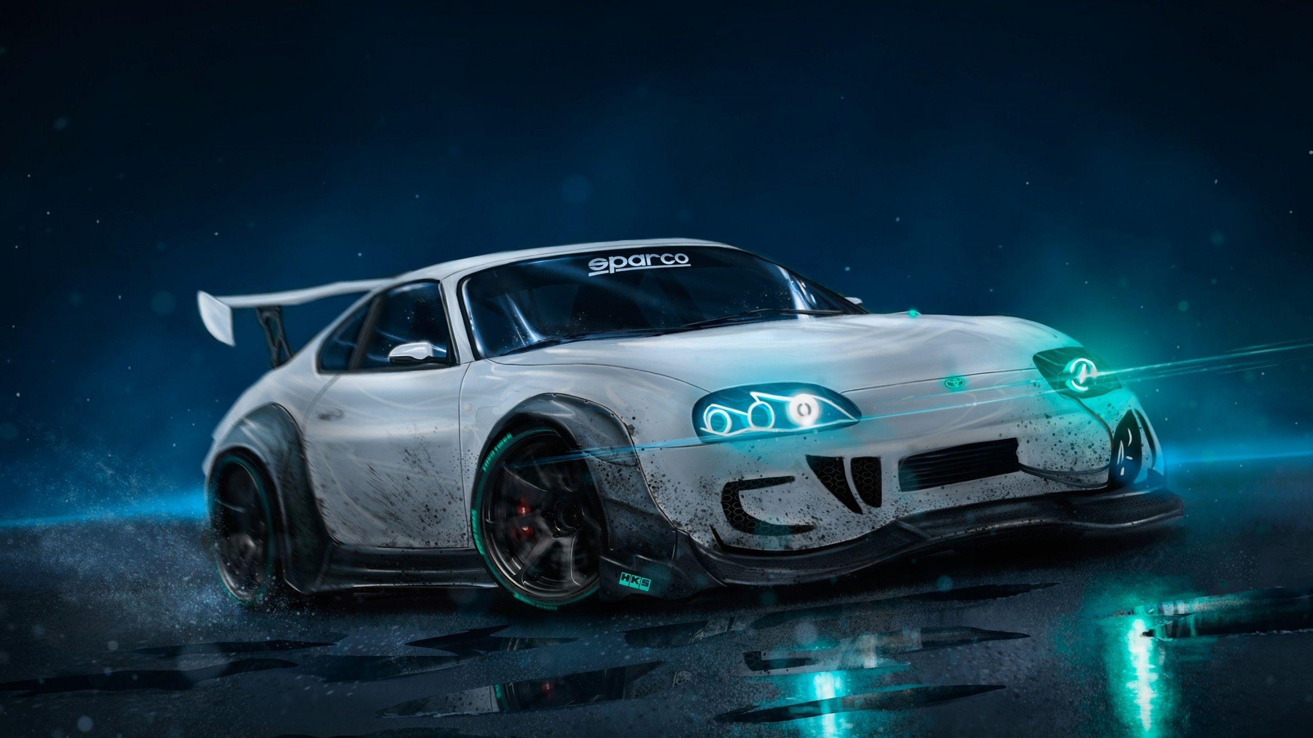 2560x1440 Download 2560x1440 Toyota Supra, Racing Cars, Photo Manipulation, Neon Lights Wallpaper for iMac 27 inch