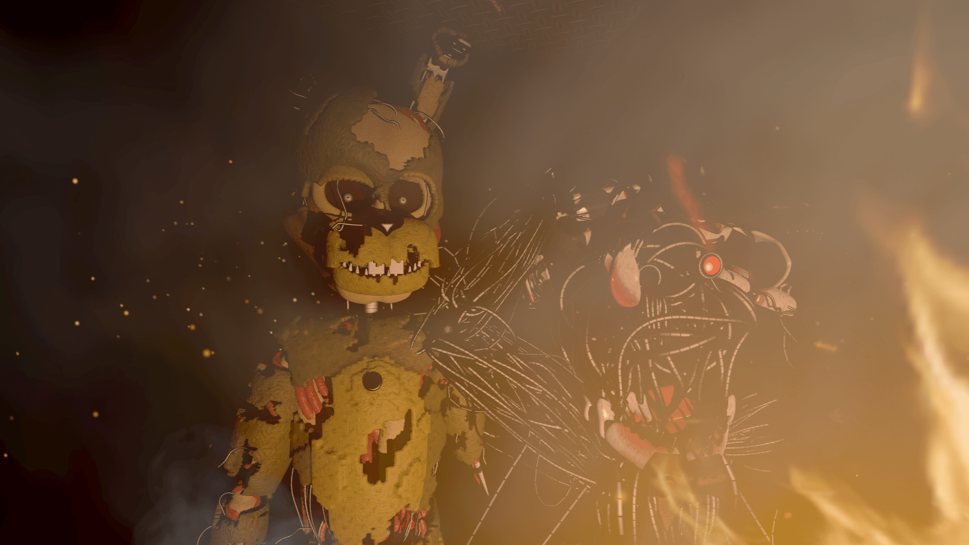 1920x1080 Scraptrap and Molten Freddy seeing the fire (Fire particles by: BalbertDickens) (Realistic Campfire particles by: MysterAC) (Molten Freddy by: Frisk, Descrox) (Scraptrap model by: Thudner) (FNaF 6 map by: BonnyAnimations)