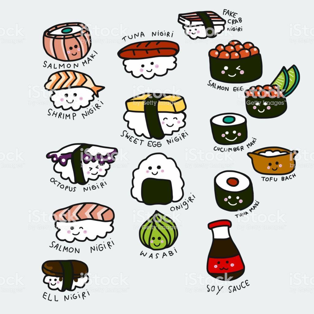 1024x1024 Cute sushi set cartoon vector illustration doodle style. Cute food drawings, Sushi drawing, Sushi cartoon