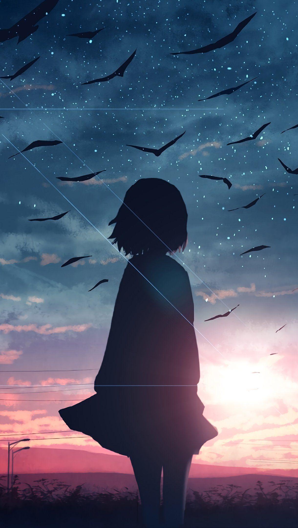 1220x2160 Sunrise Anime Girl Silhouette Scenery Hình nền 4k Ultra HD