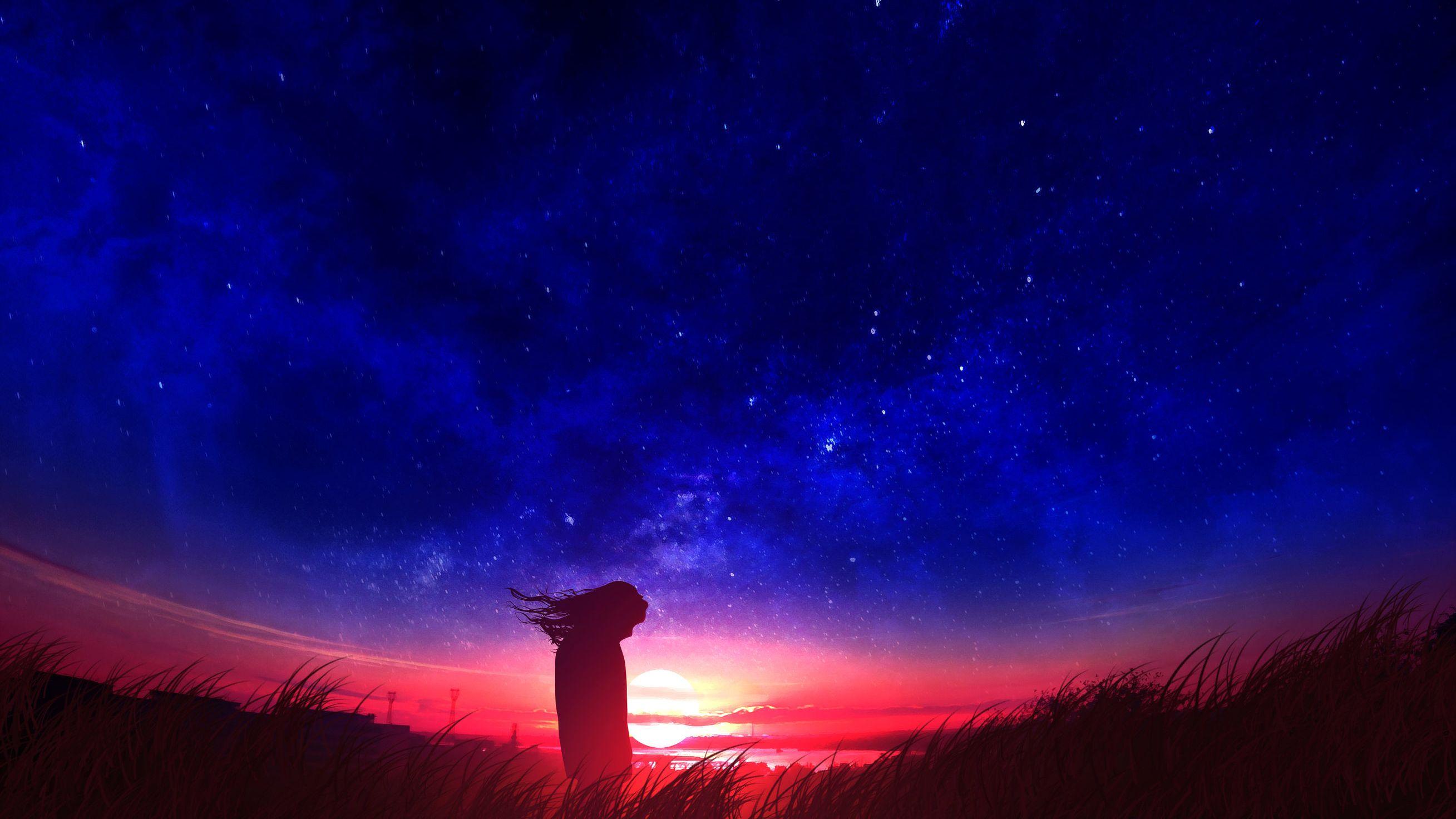 2617x1472 Anime Girl In Field Silhouette Sunset, HD Anime, Hình nền 4k, Hình ảnh, Bối cảnh, Hình ảnh và Hình ảnh