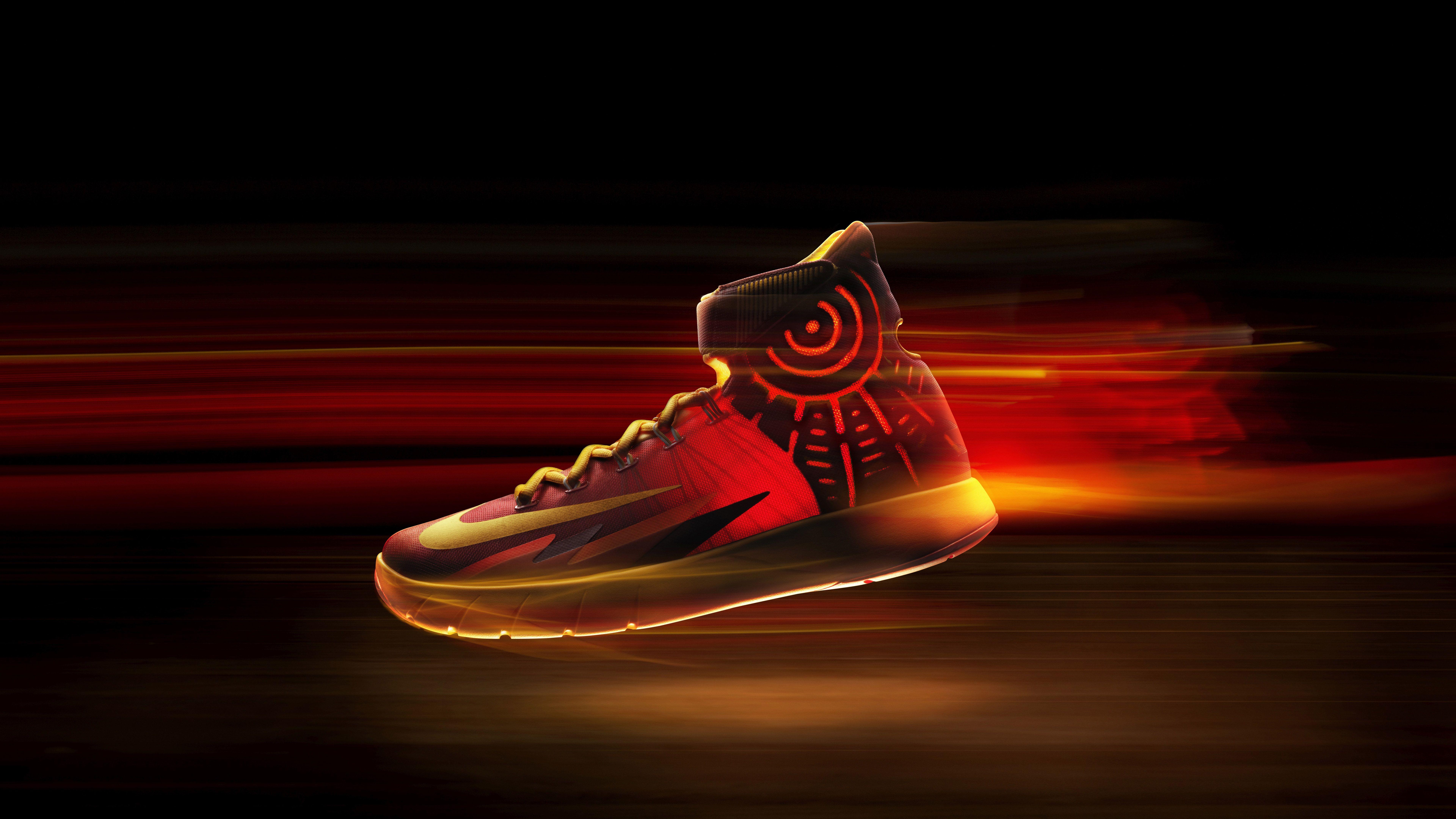 7680x4320 Red Yellow Nike Shoe In Black Background 4K 8K HD Nike Wallpaper