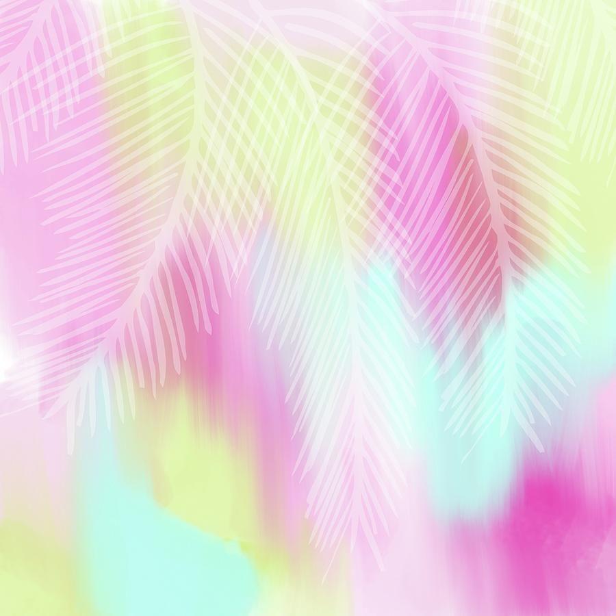 900x900 Soft, pretty, tropical pastel colored background overlaid with feathery palm leaves Mixed Media