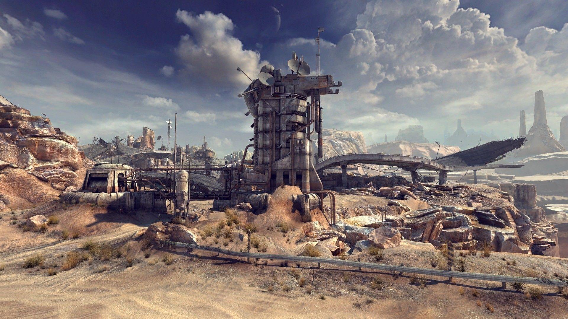 1920x1080 clouds, ruins, station, deserts, rocks, apocalypse, pipes, satellite dish wallpaper