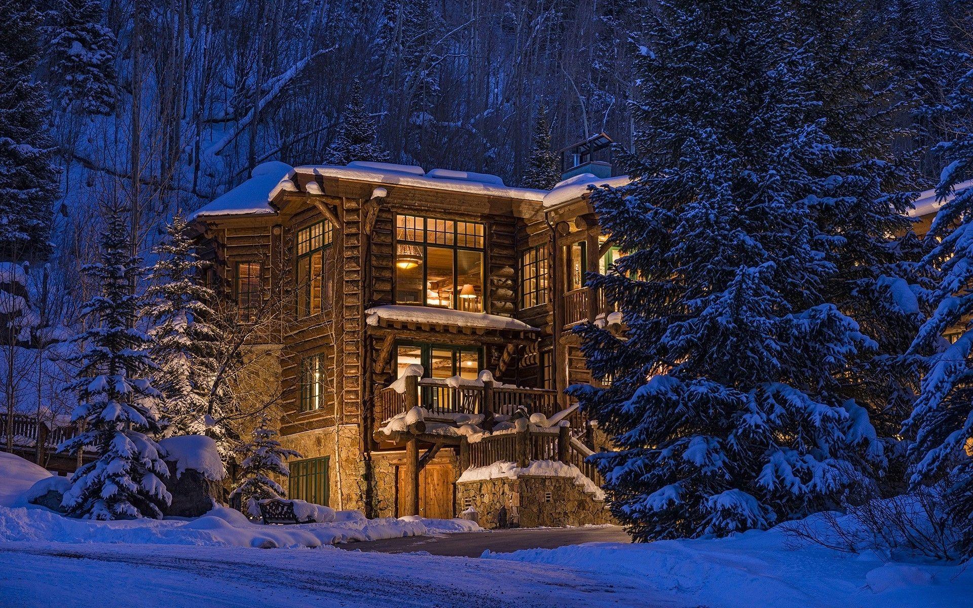 1920x1200 1280x1024 House, Wood, Trees, Snow, Winter wallpaper JPG