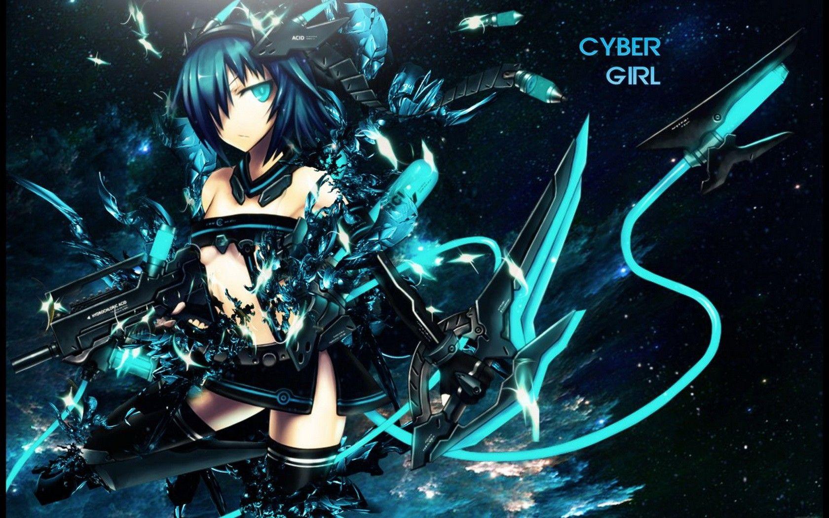 1680x1050 blue, guns, text, blue eyes, skirts, weapons, blue hair, mechanical, thigh highs, gia, underboobs, blades, mechanical creature, anime girls, mecha musume, hair ornaments, hair over eye, dual wield wallpaper