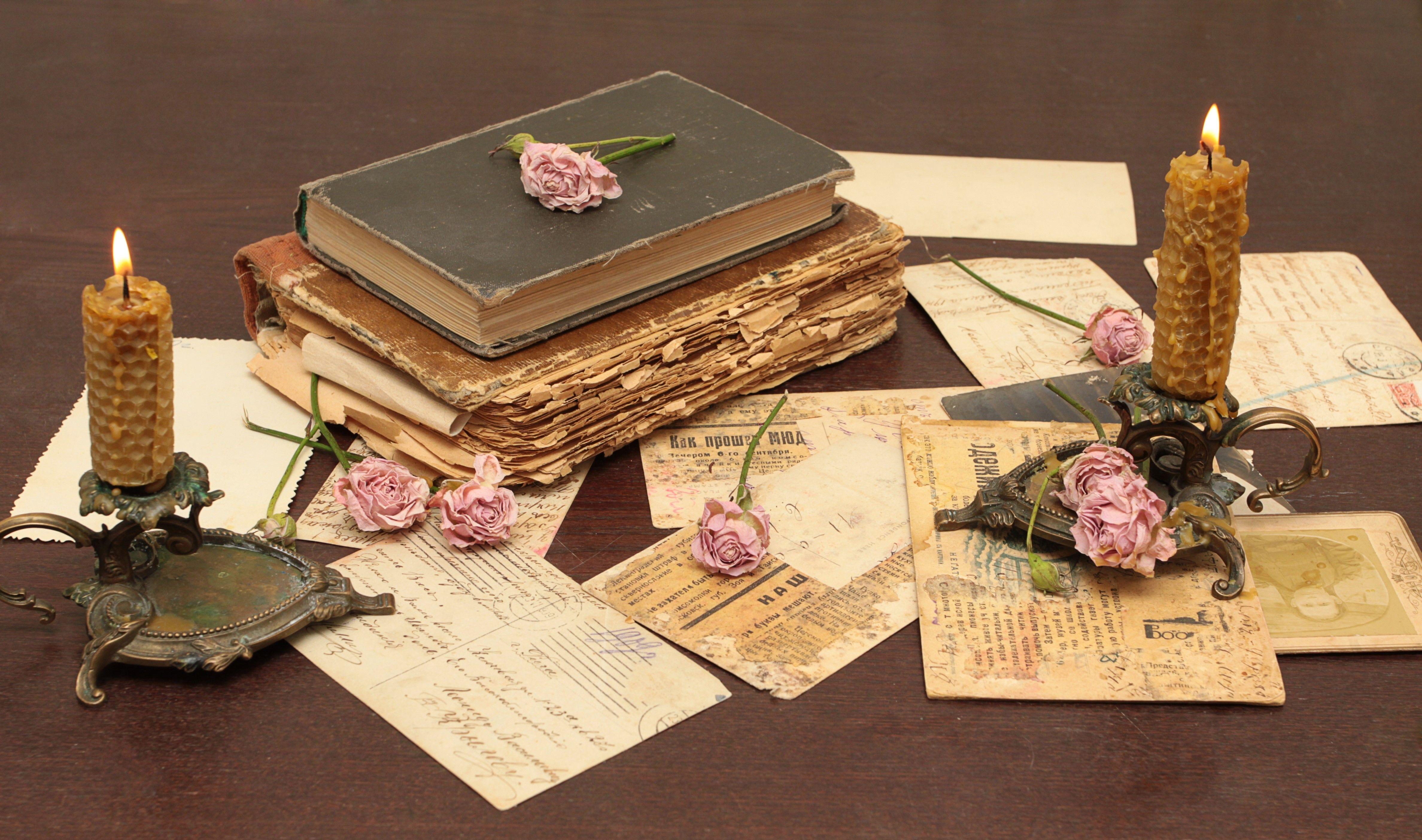 4752x2808 Vintage, Books, Old, Flowers, Roses, Candles, Candle holders, Letters, Cards, Paper, Table wallpaper