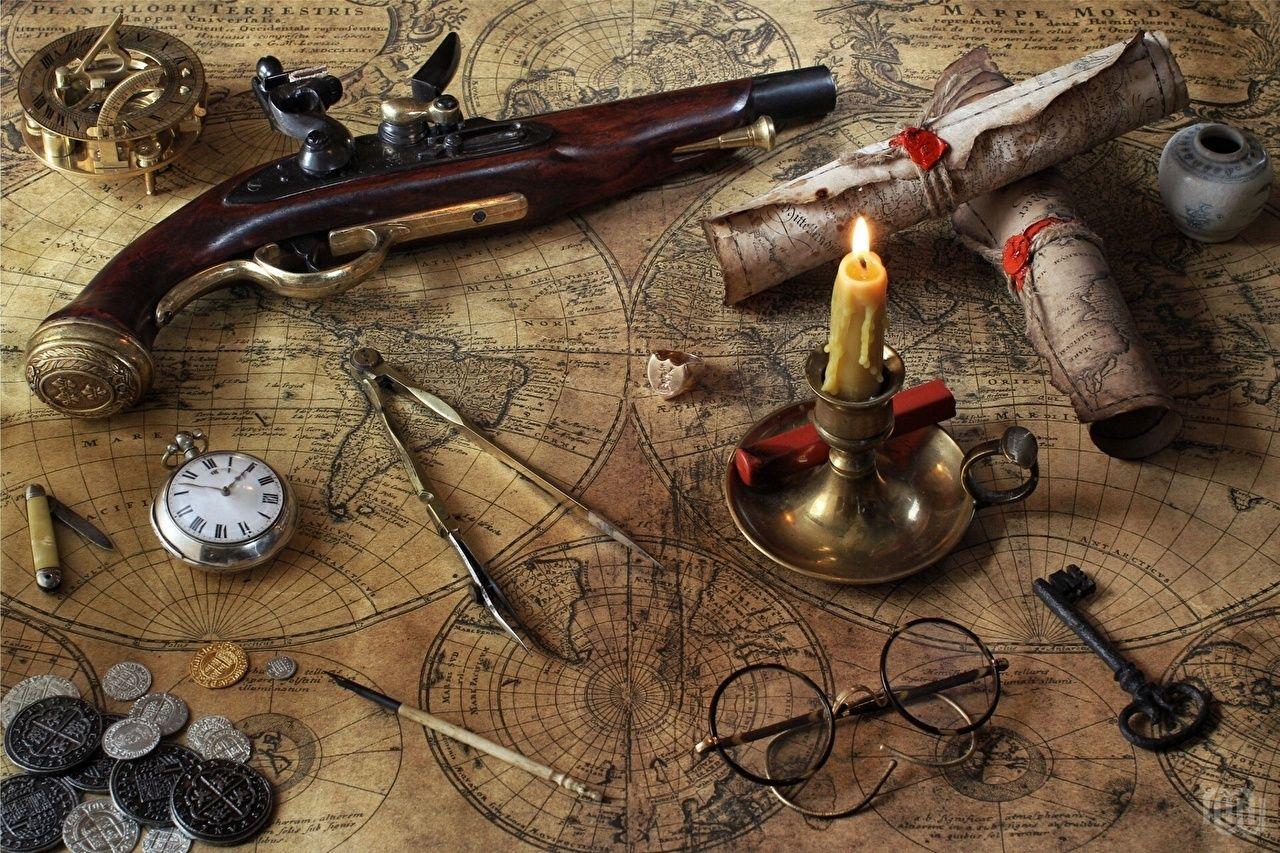 1280x853 Photos eyeglasses Pistols Retro Map Candles Geography