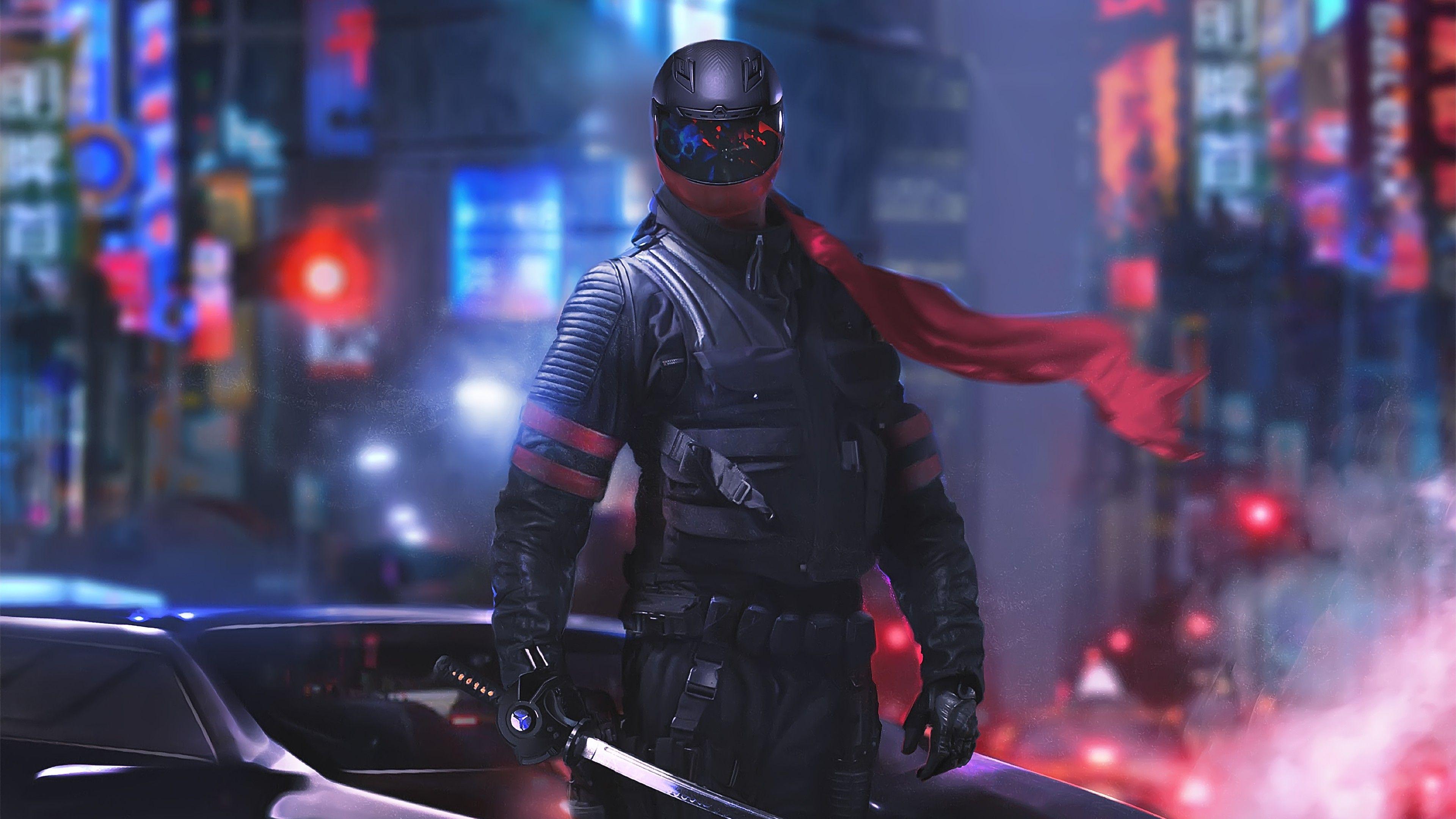 3840x2160 Ninja Warrior 4K Wallpaper, Cyberpunk, Katana, Futuristic, Graphics CGI