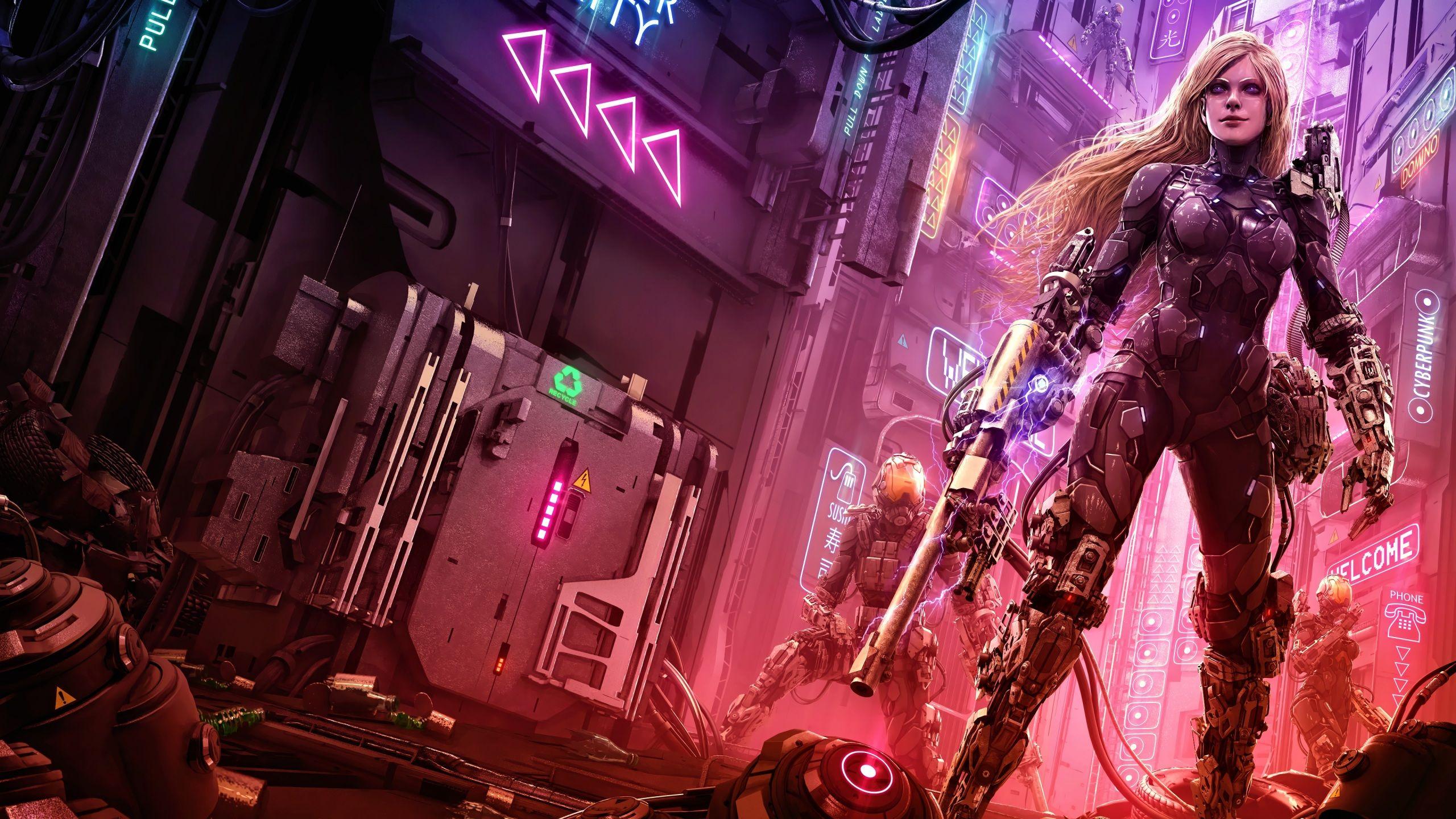 2560x1440 Picture young woman rifle Cyborg Blonde girl Warriors 2560x1440