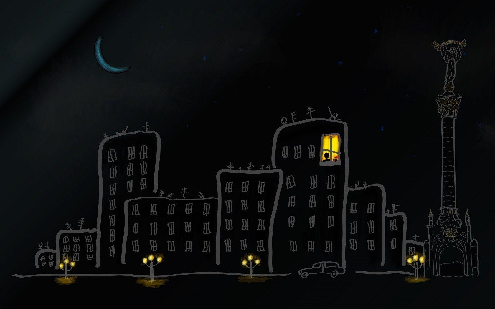 1680x1050 City Buildings Street Car Lights Sky Stars Moon Night Art