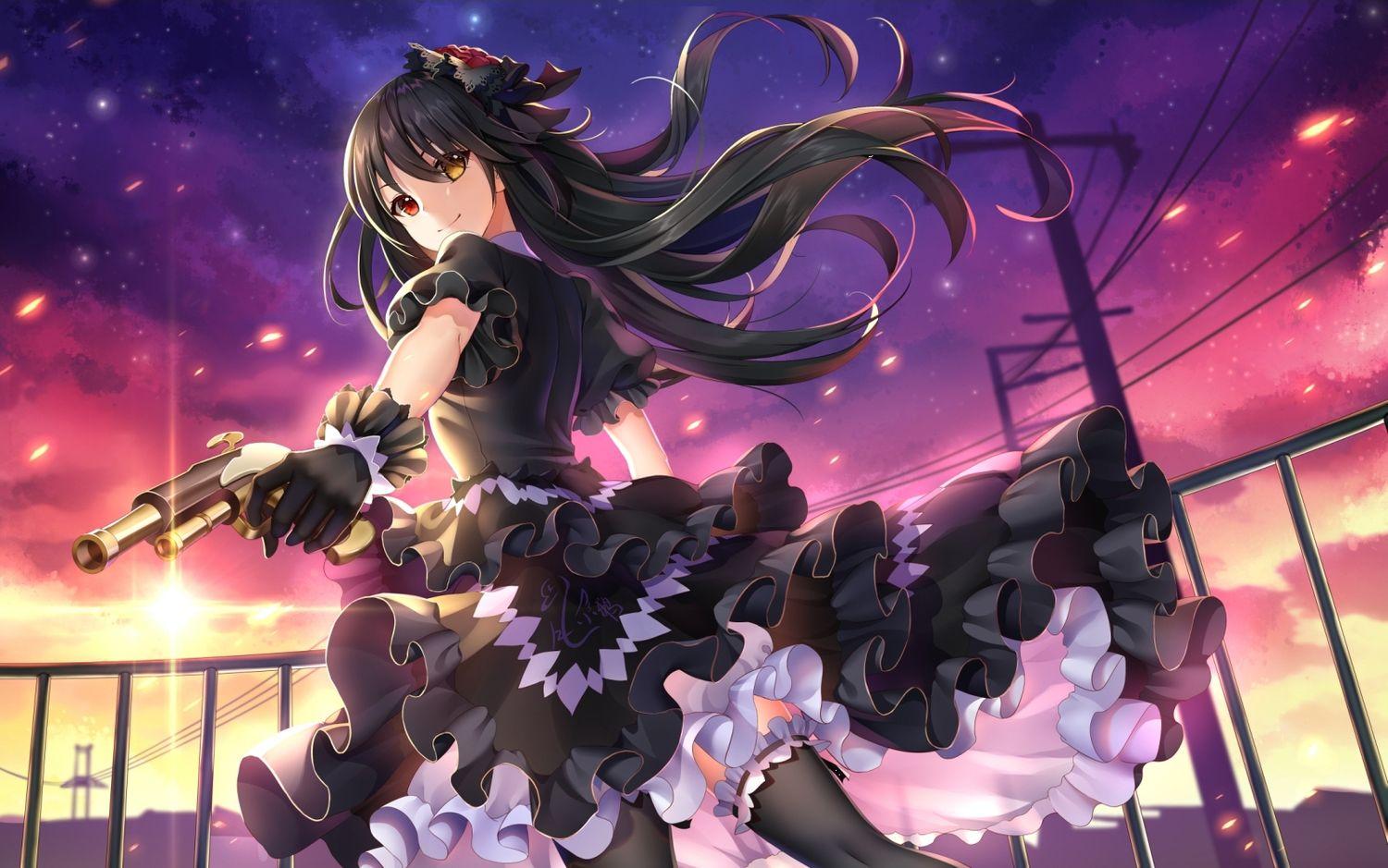 1500x939 Bicolored Eyes Black Hair Cropped Date A Live Dress Gloves Goth Loli Gun Lolita Fashion Long Hair Night Thighhighs Tokisaki Kurumi Weapon Yue Xiao E. Konachan.com.com Anime Wallpaper